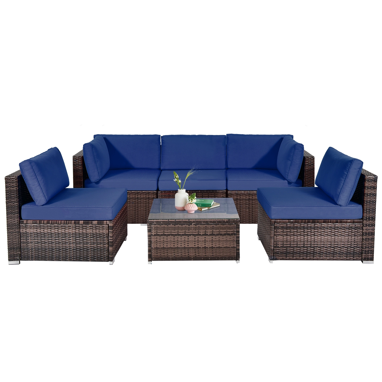 SUGIFT 6-Piece Navy Patio Wicker Sectional Set with 25.5-in Glass Coffee Table 12.5-in Seat H 400-lb Sofa Capacity