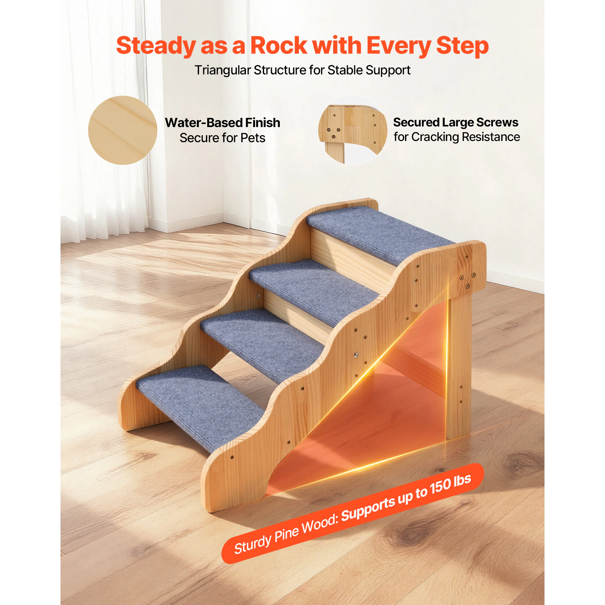 HONGGE 4-Step Non-Folding Wood Dog Stairs for High Beds & Sofas, Fixed Frame, Supports Pets up to 150 lbs