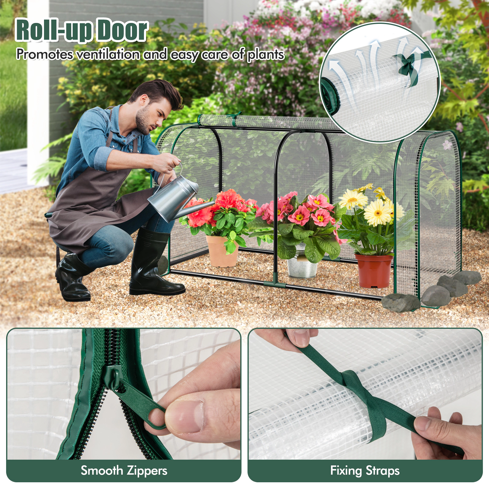 SUGIFT Mini Tunnel Greenhouse White 47 x 22 x 24 in with Roll-up Zipper Door and 6 Ground Stakes