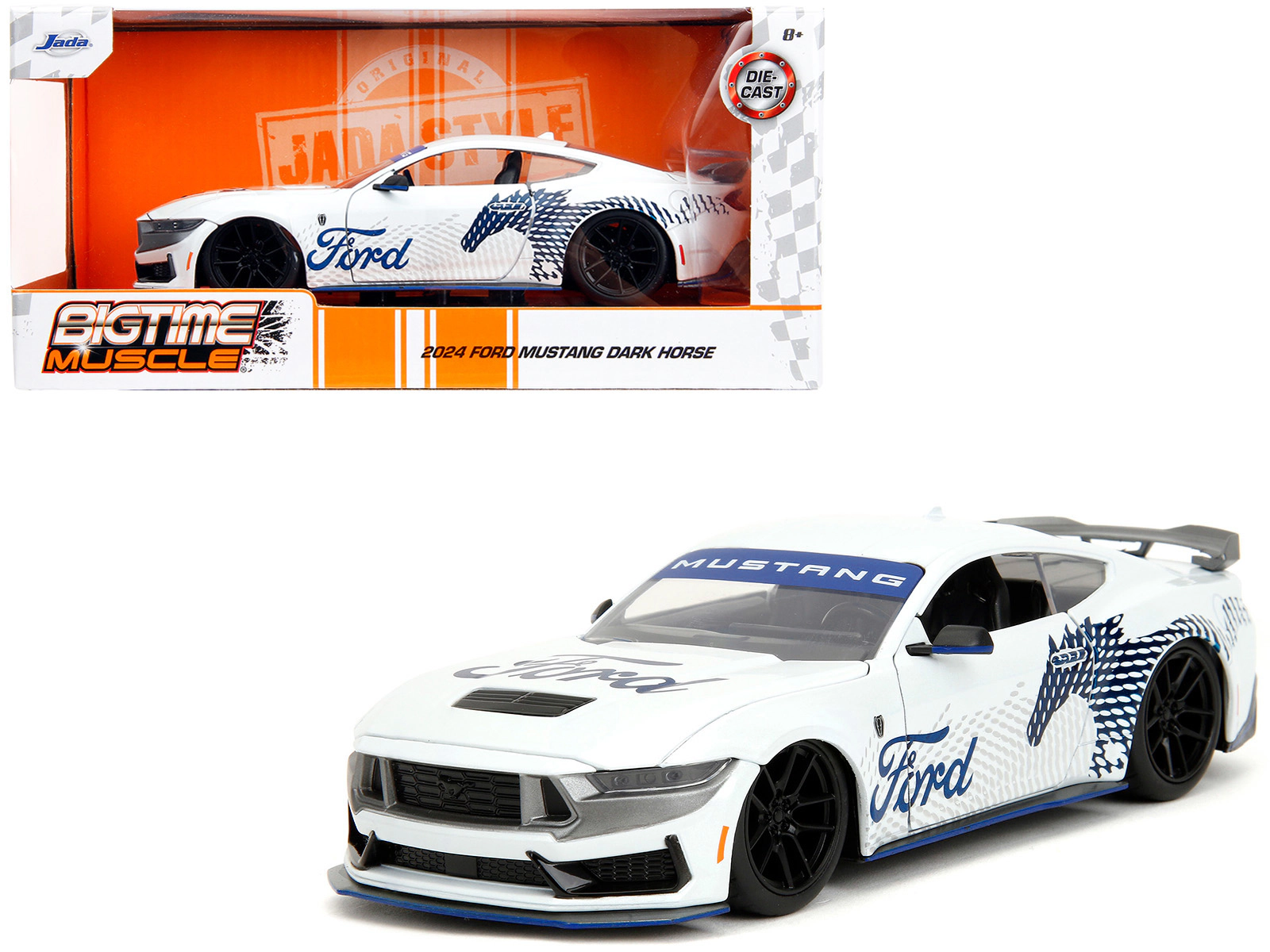 Jada 2024 Ford Mustang Dark Horse White with "Mustang Horse Graphics" "Bigtime Muscle" Series 1/24 Diecast