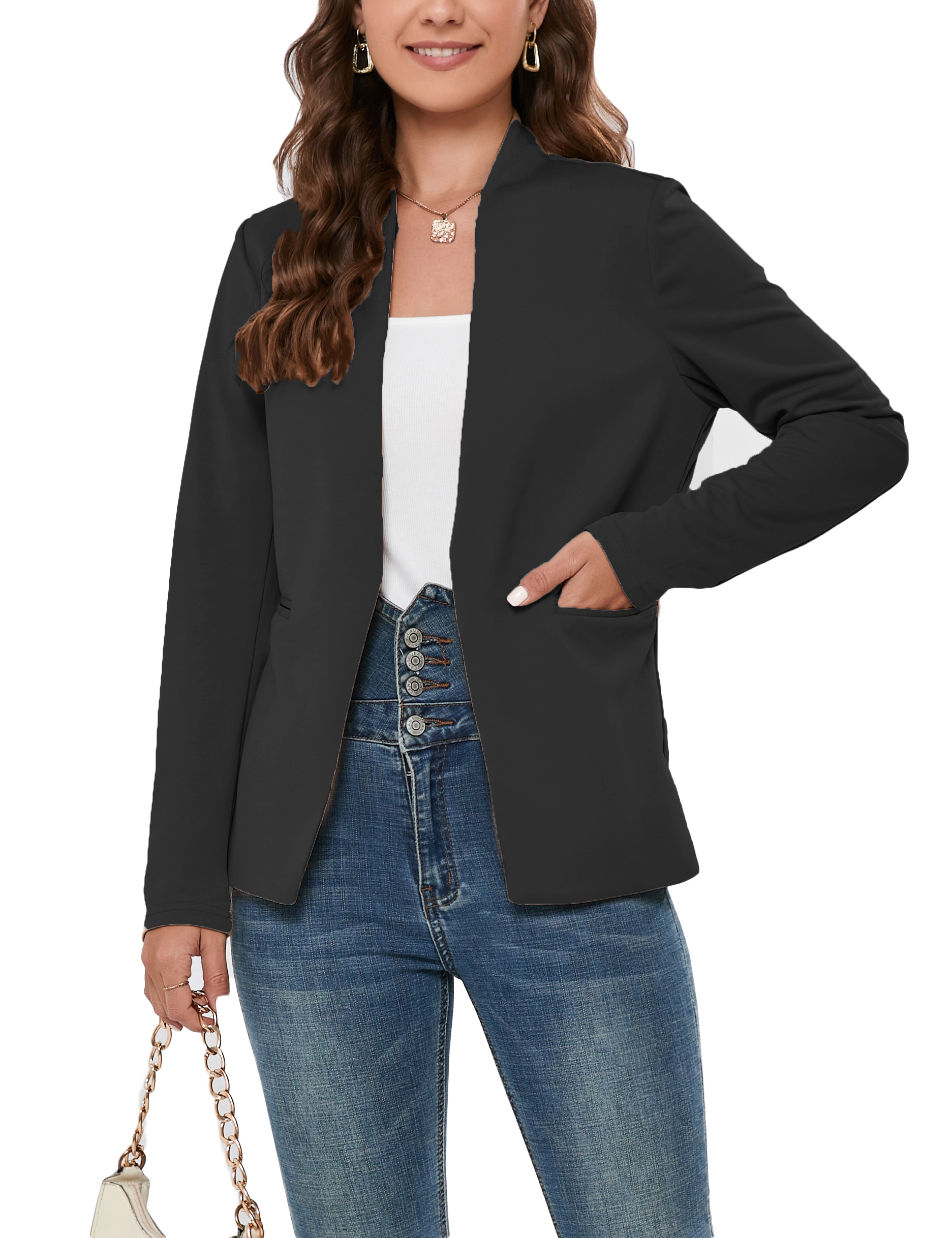 KOJOOIN Women Open Front Blazer Stand Collar Suit Jacket Lightweight Casual Work for Business Office