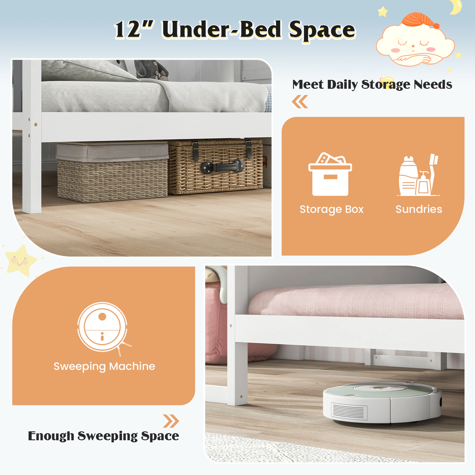 SUGIFT White and Gray Roof Canopy Fence and Study Desk Kids House Bed Frame