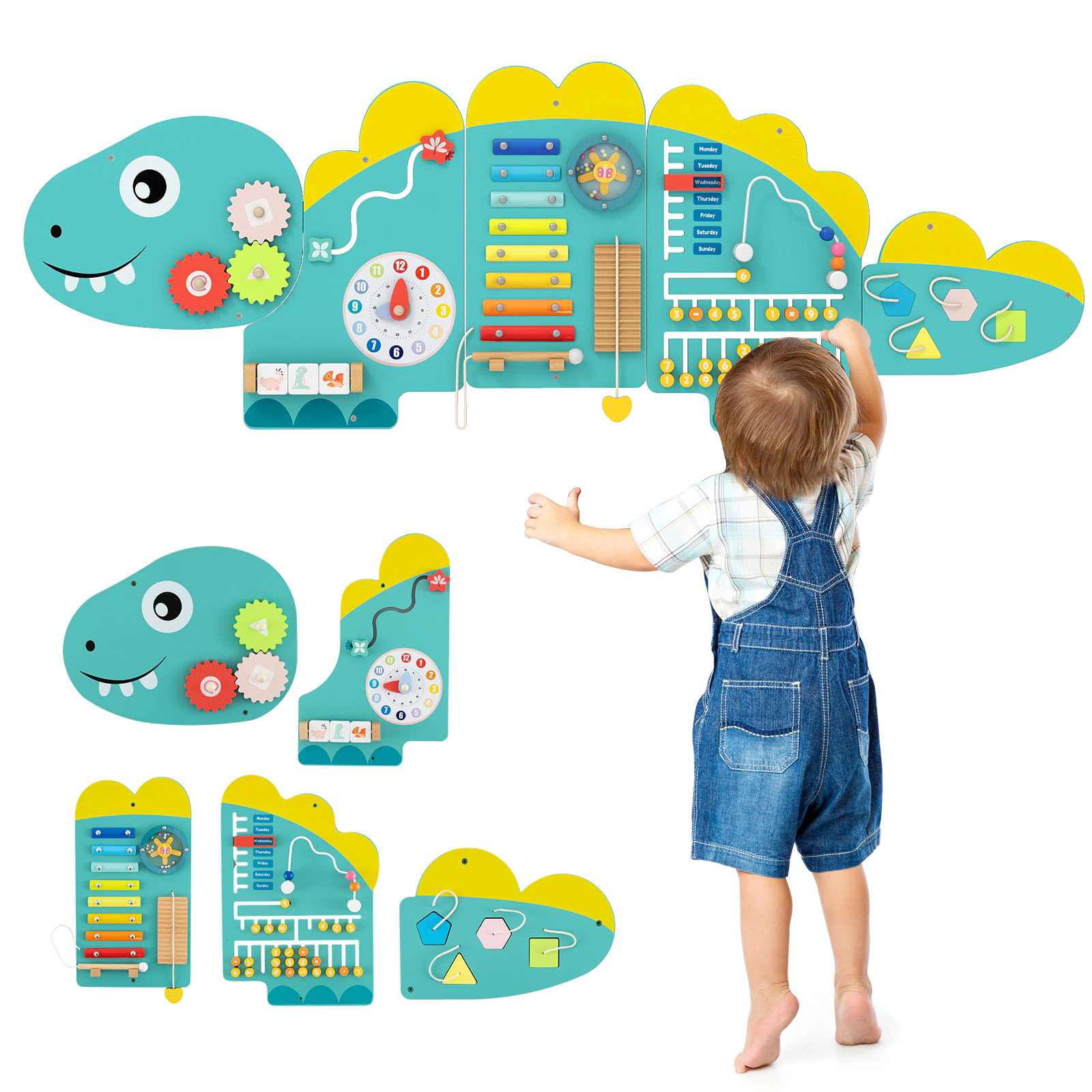 SUGIFT Toddler Green 11-in-1 Dinosaur Busy Board with Clock Xylophone and Abacus 57-in W 18-in H Ages 3+