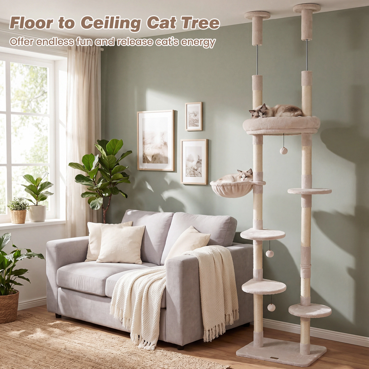 LJG 6-tier Floor to Ceiling Cat Tree with Plush Bed and Sisal Scratching Posts