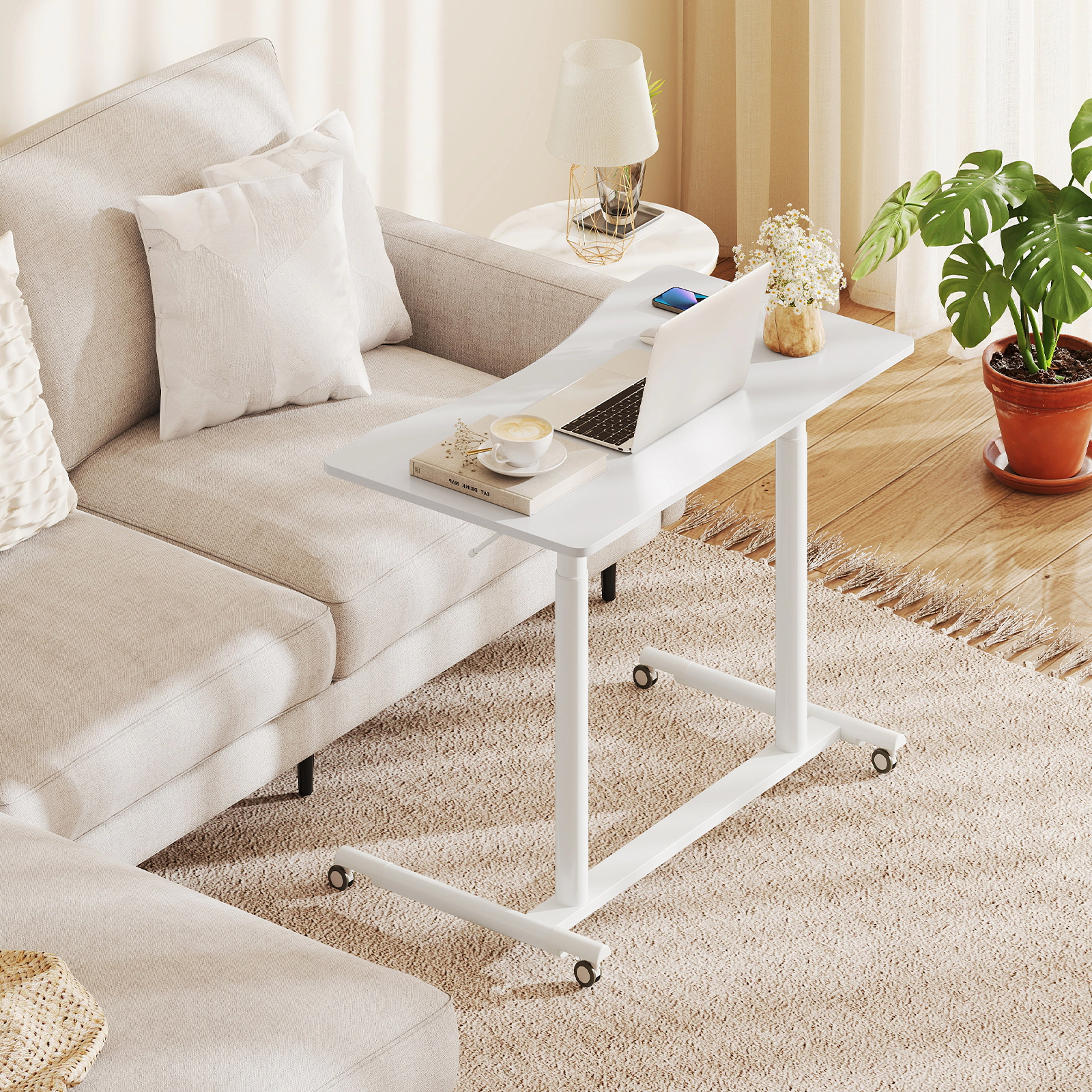 SUGIFT Height Adjustable Computer Desk White Sit to Stand Rolling Table