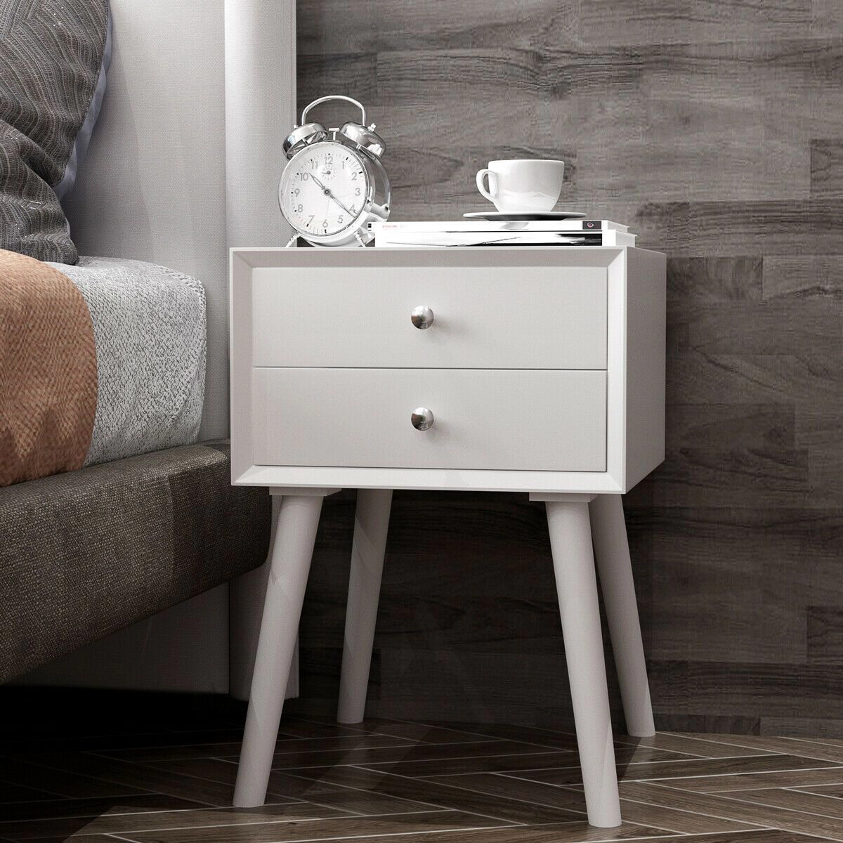 SlickBlue Modern Bedside Table with 2 Drawers and Wood Legs