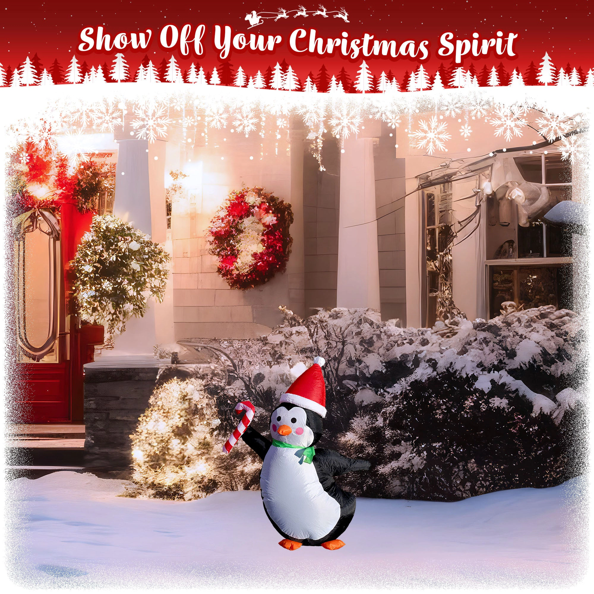 G128 4 ft Penguin Inflatable with Candy Cane and LEDs, Quick Inflate, Weather-Resistant Outdoor