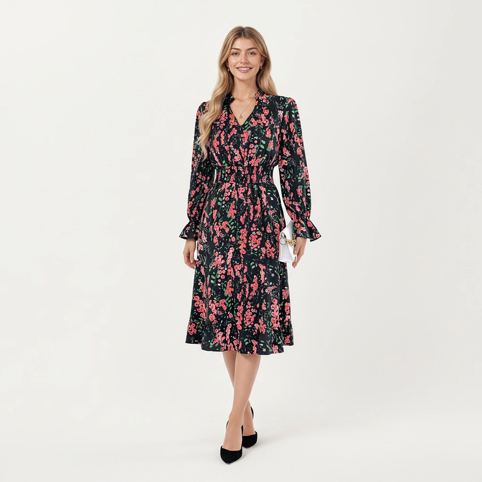 Anna-Kaci Women's Floral Print Smocked Waist Long Sleeve V Neck Ruffle Hem Dress