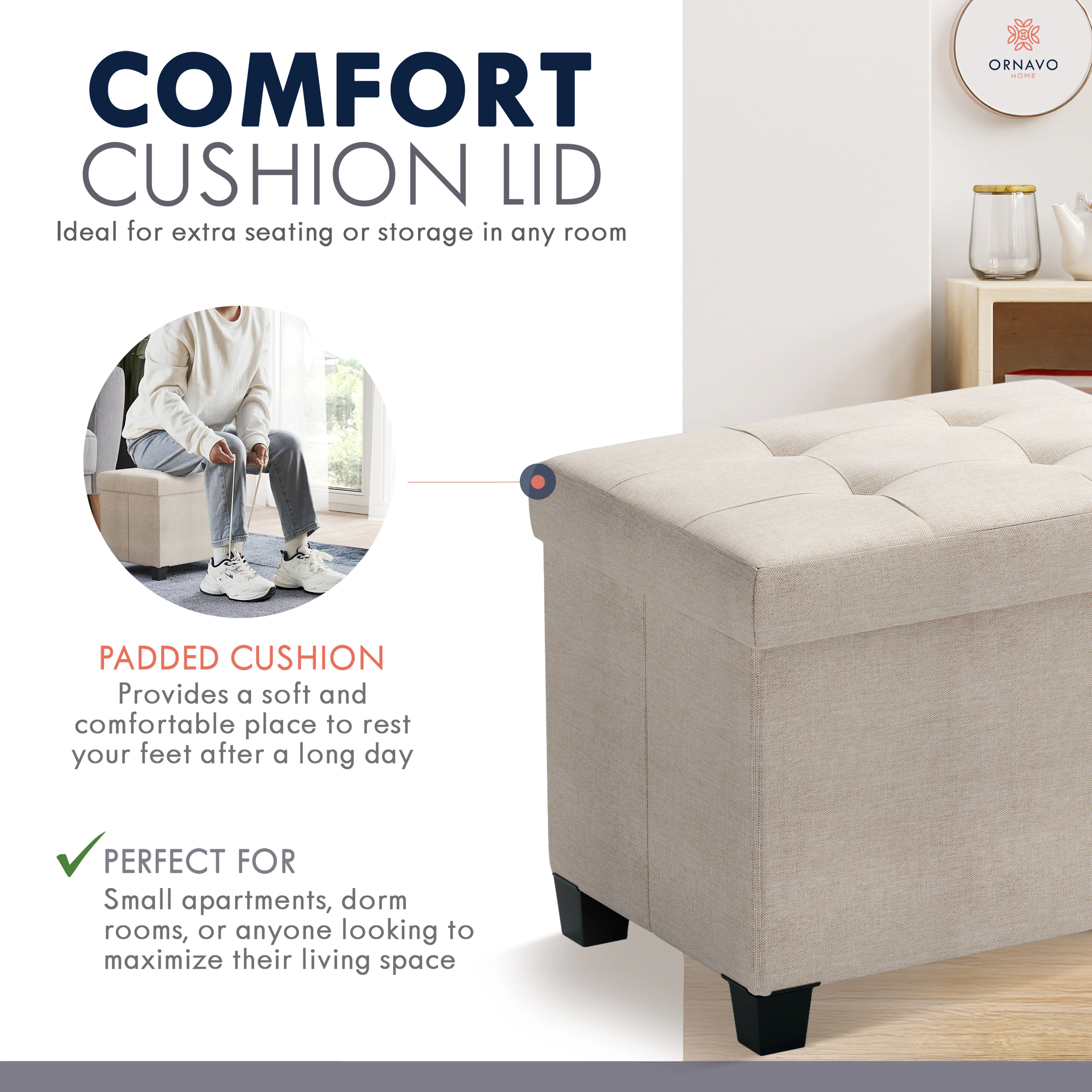 Ornavo Home Small Rectangle Storage Ottoman Foot Stool with Legs - 16" x 12"