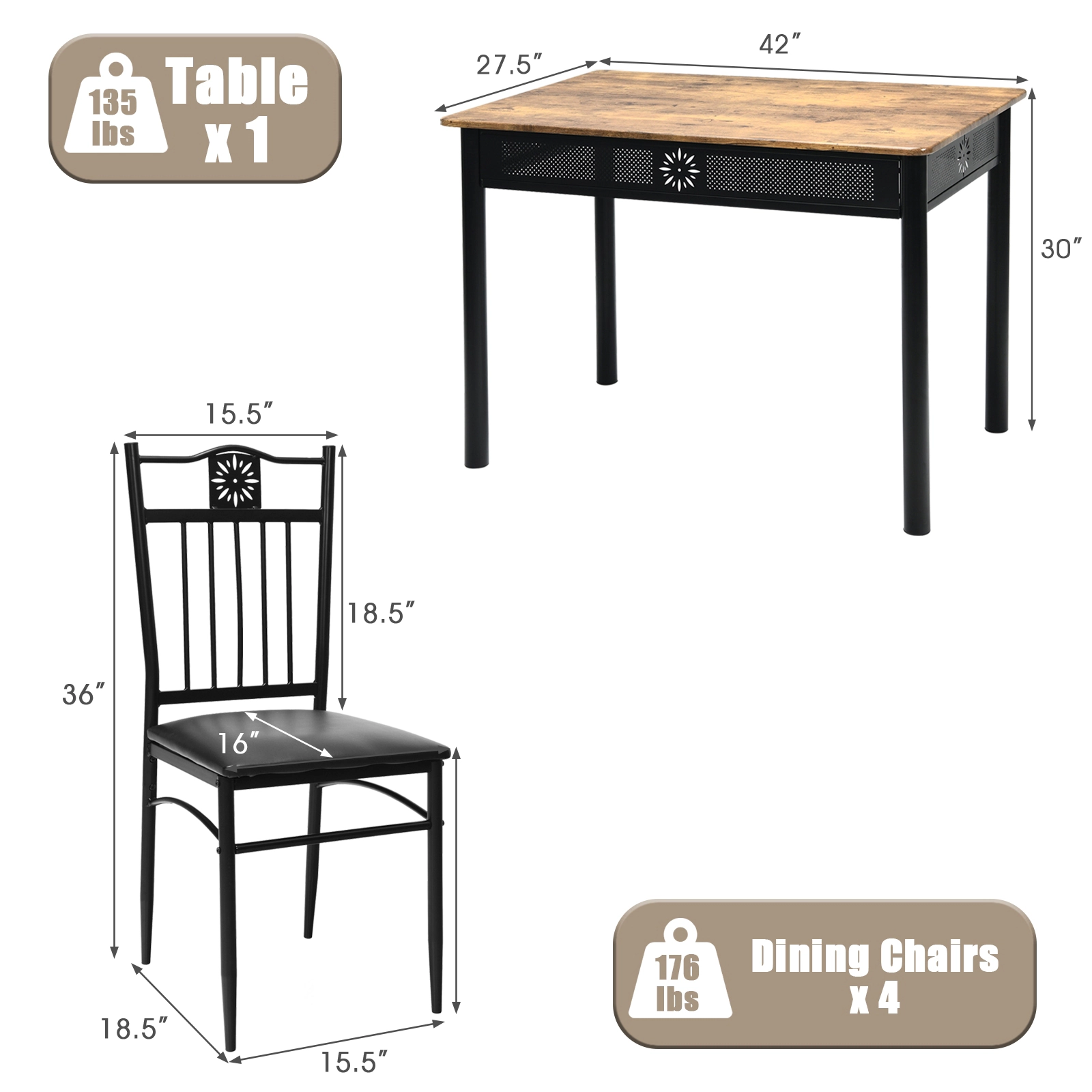 LJG 5 Pcs Dining Set Wood Metal Table and 4 Chairs with Cushions