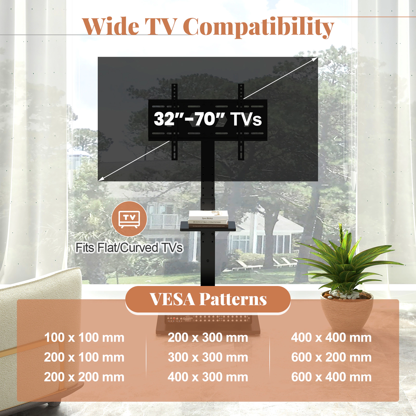 SUGIFT Tilt and Height Adjustable Floor TV Stand with Power Outlet and AV Shelf 110-lb Capacity Black