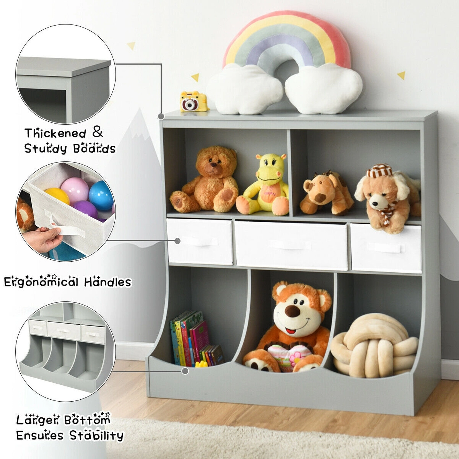 SUGIFT 37-in Combo Cubby Bin Storage Organizer with Drawers and Bins 66-lb Top Capacity Toy Unit Gray Brown White