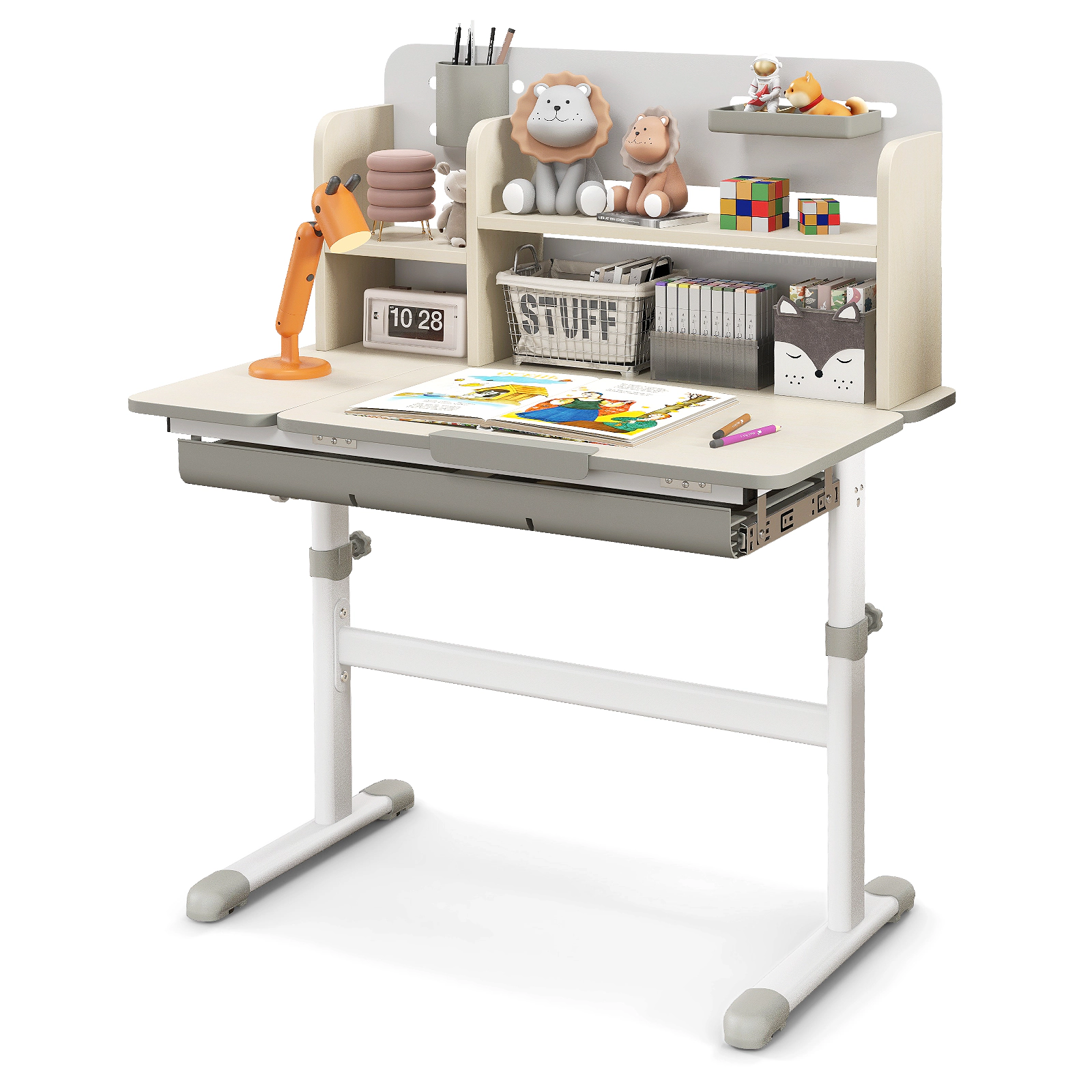 SUGIFT Height Adjustable Kids Study Desk & Chair Set Tiltable 24-in Desktop 220-Lb Capacity Ages 3-12 Blue Pink Gray
