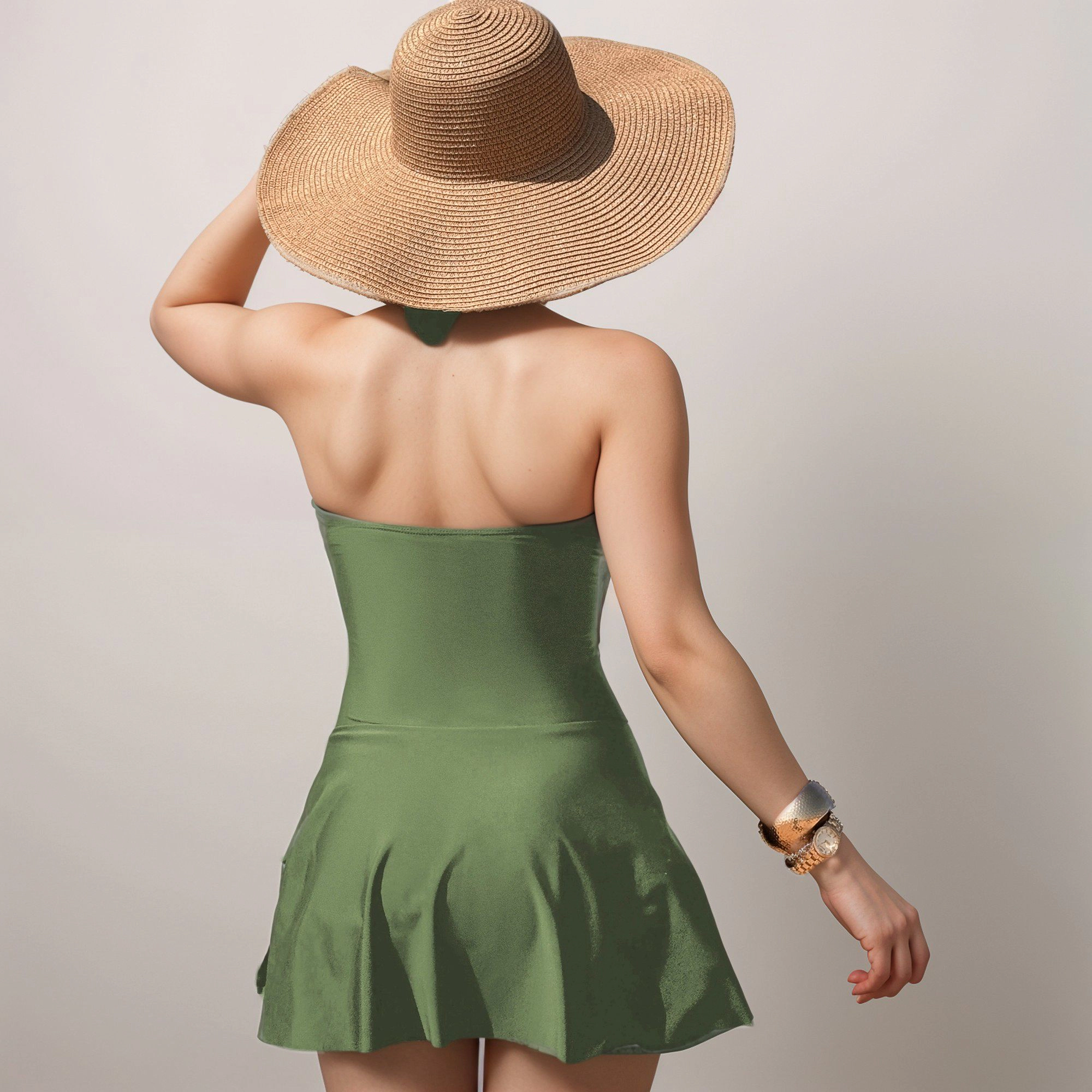 Anna-Kaci Women One-Piece Halter Swimsuit with Front Cutout and Attached Wrap Skirt