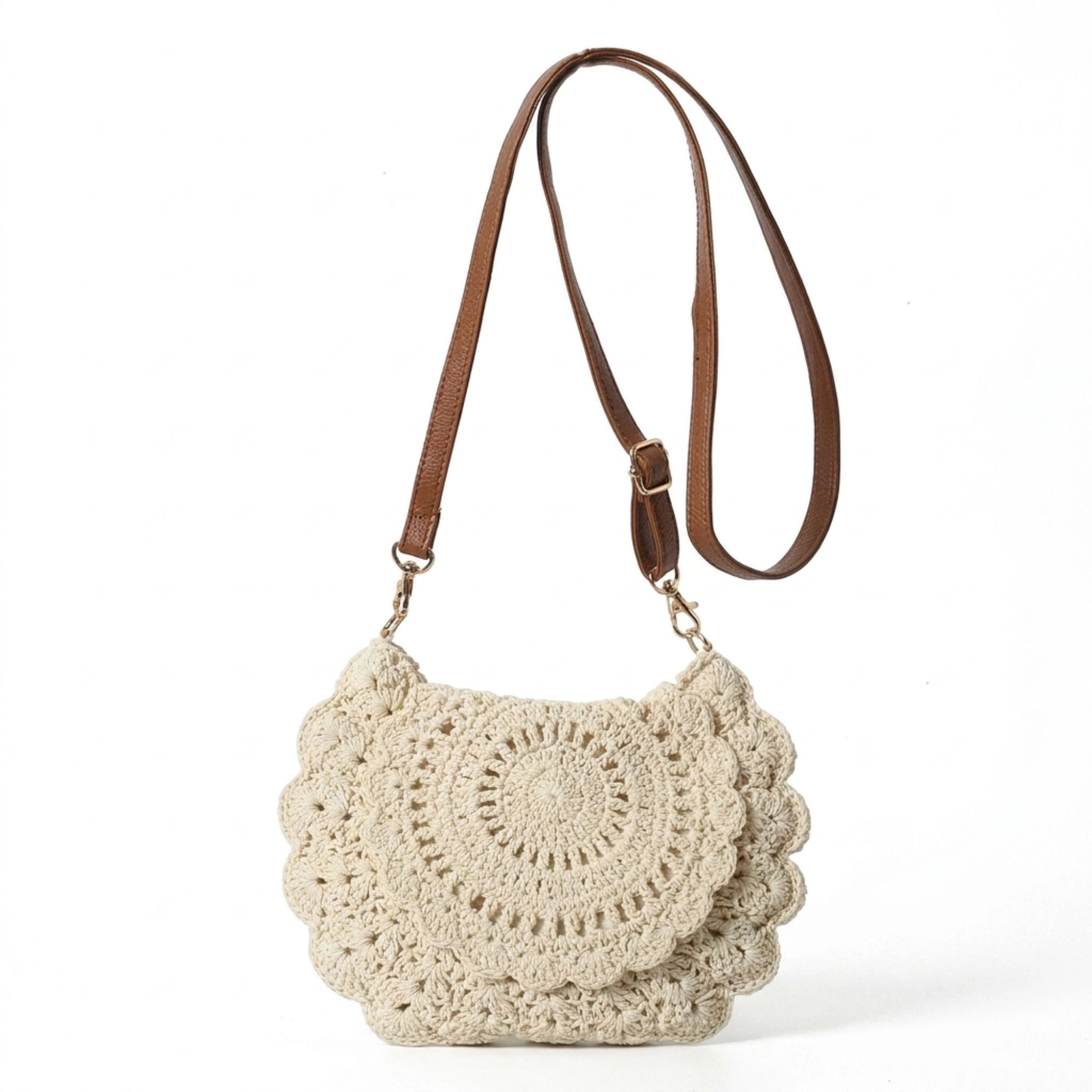 Alilang Women's Crochet Crossbody Bag with Scalloped Flap and Adjustable Strap, Khaki