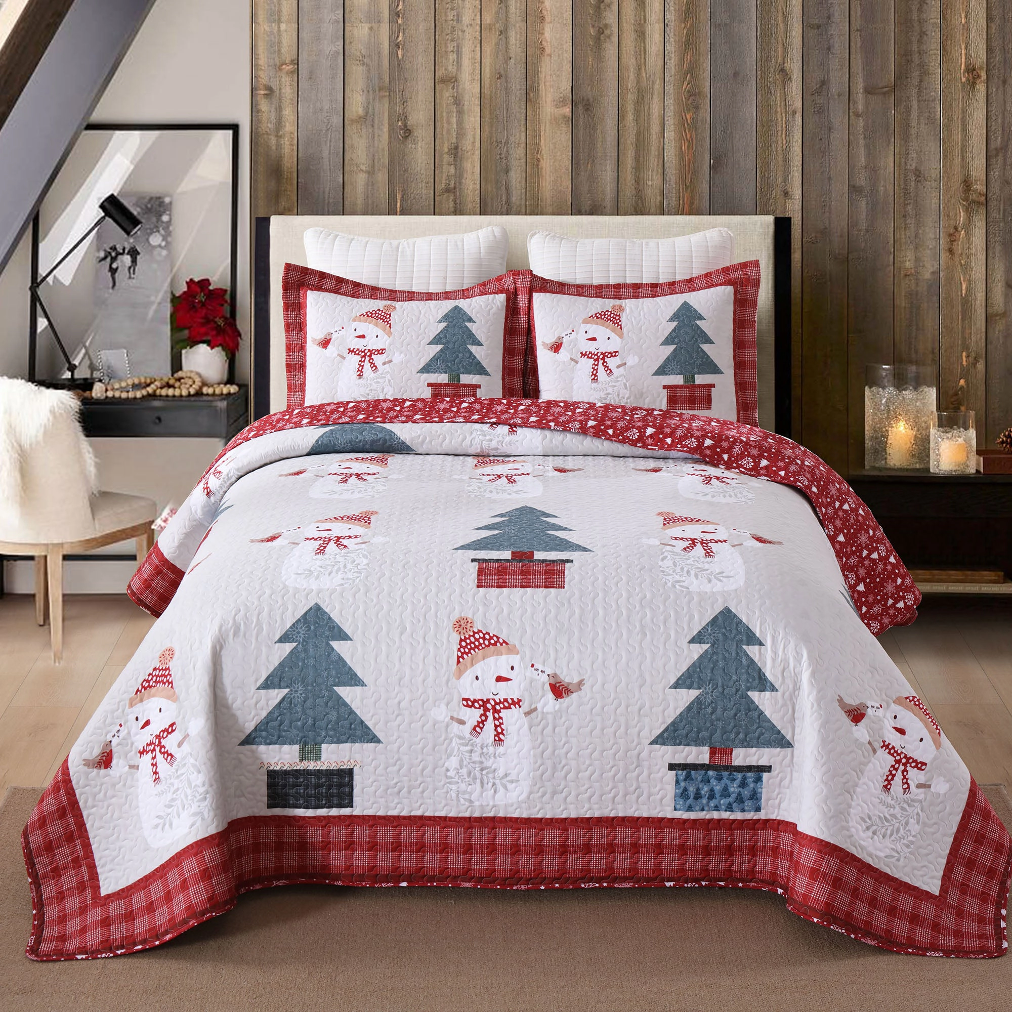 MarCielo 3 Piece Christmas Quilt Bedspread Set,Snowman & Tree Holiday Bedding Set