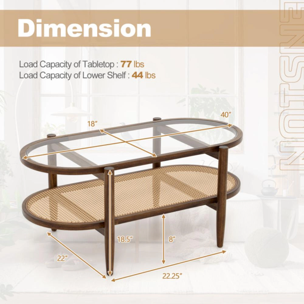 Hivvago Acacia Wood Coffee Table with Clear Glass Top and Lower Storage Shelf