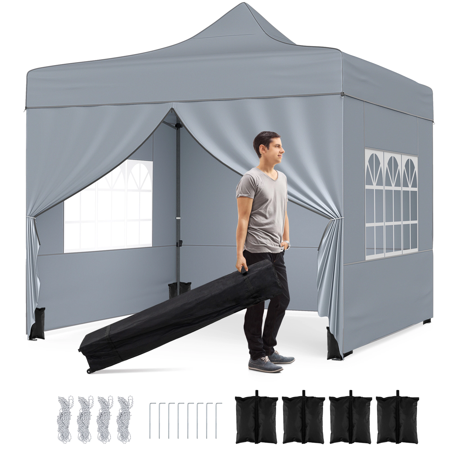 LJG 10 x FT Pop up Canopy Tent with 4 Removable Sidewalls and Wheeled Bag