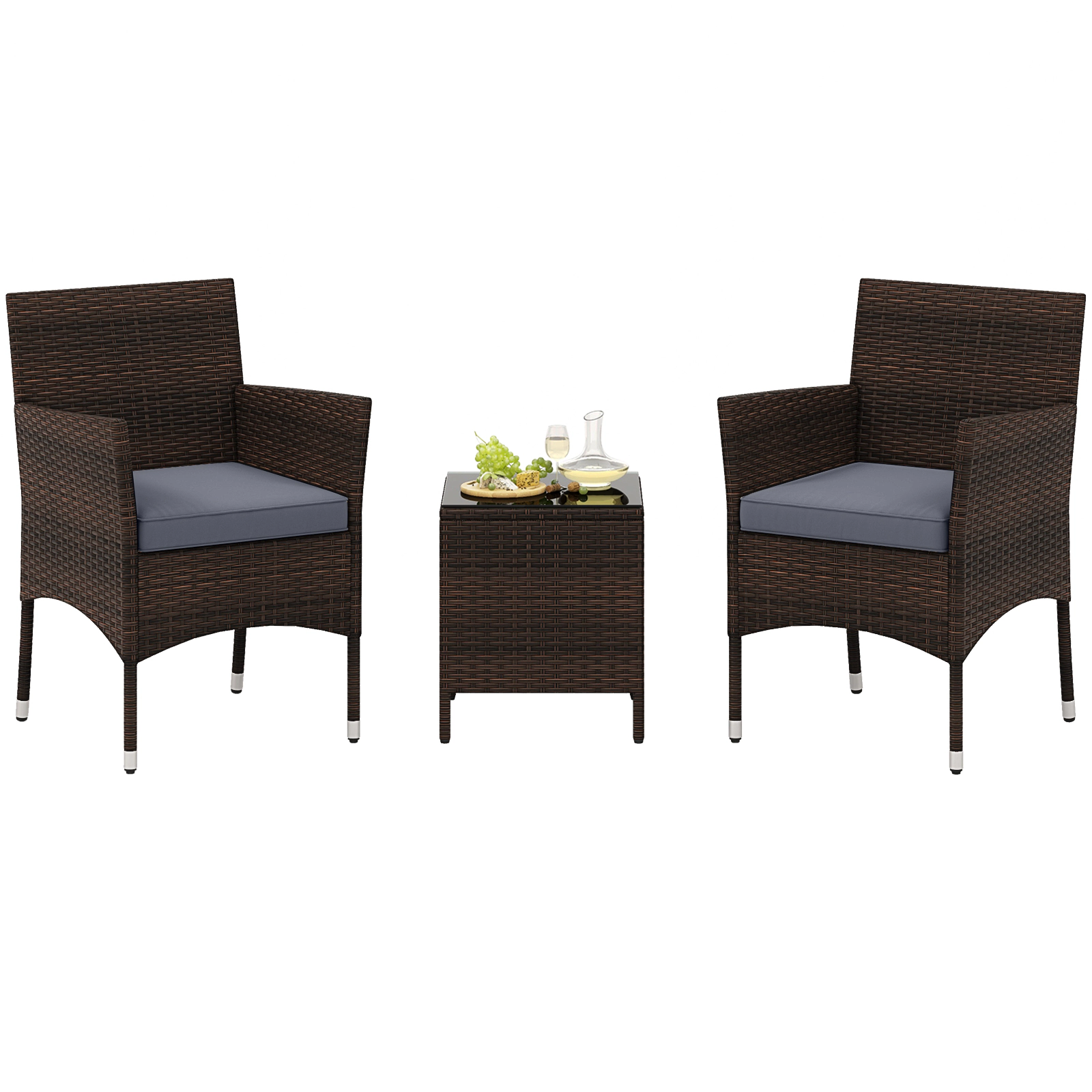 SUGIFT Conversation Set with Cushioned Seats and Glass Tabletop 400-lb Chair Capacity Mix Brown Rattan Gray Cushions