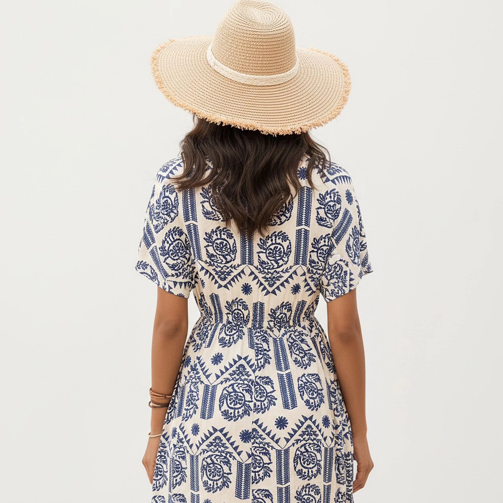 Anna-Kaci Women's V Neck Short Sleeve Print Drawstring Waist Midi Dress