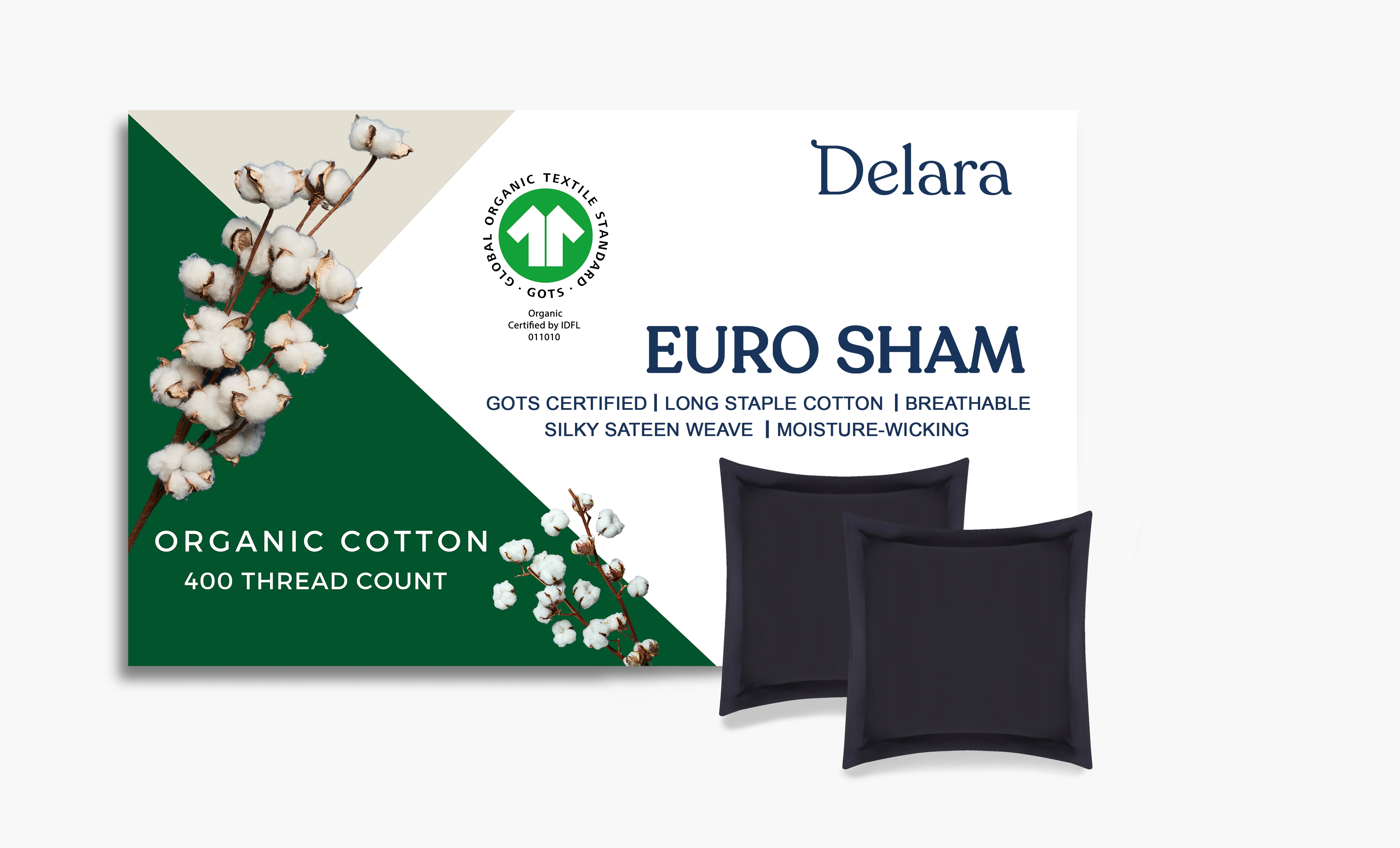 Delara GOTS Certified Organic Cotton Euro Sham Pack of 2 Long Staple 400 Thread Count Ultra Soft