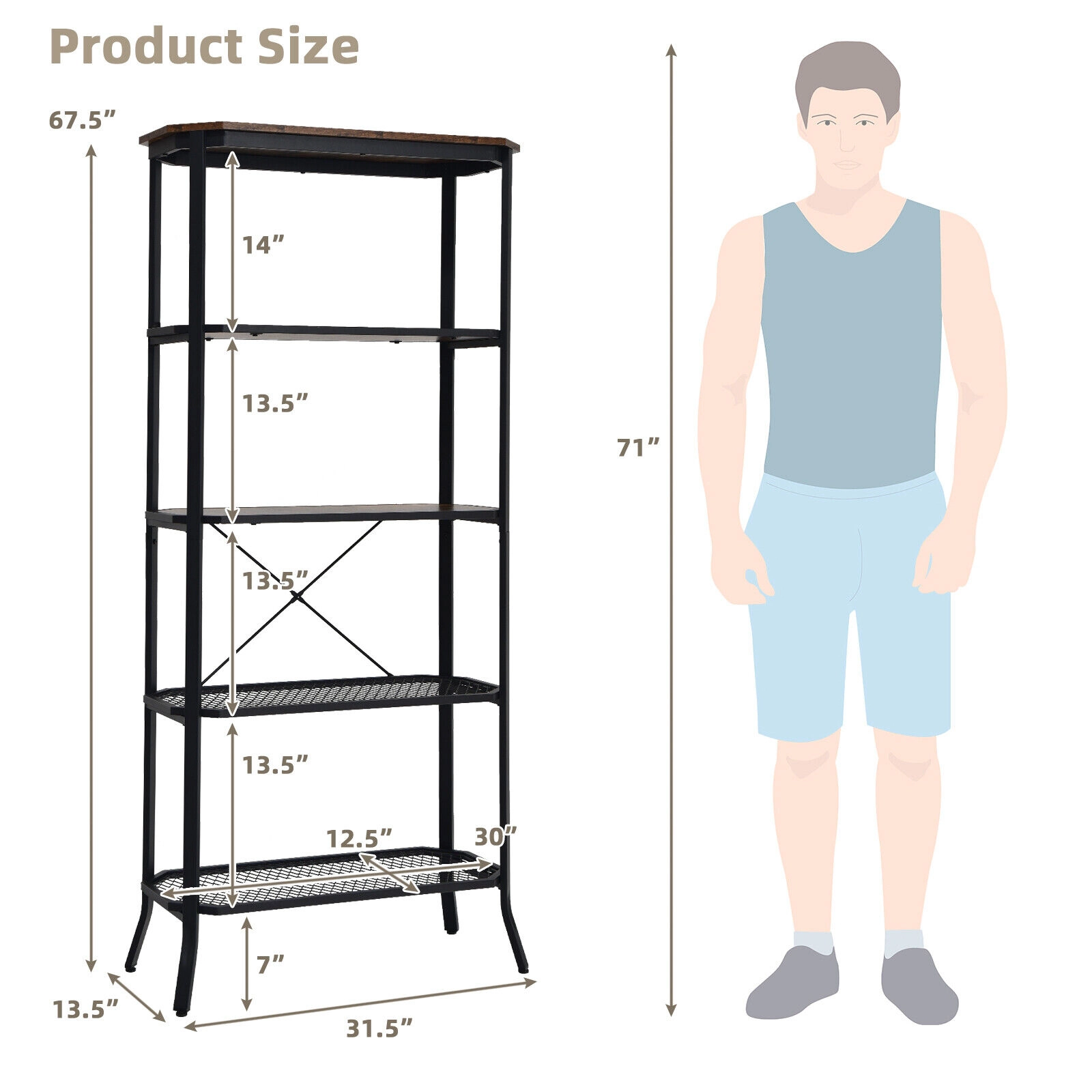 SUGIFT Rustic Brown Industrial 5-Layer Bookshelf 67.5 in with Out-Stretched Legs