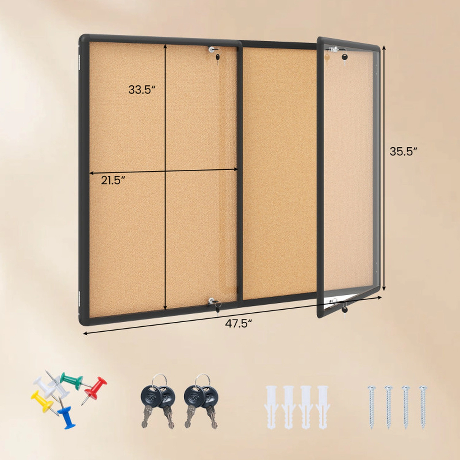 SUGIFT Enclosed Lockable 2 PET Doors Aluminum Frame Cork Bulletin Board 47.5-in x 35.5-in 16-lb Wall Mounted Black