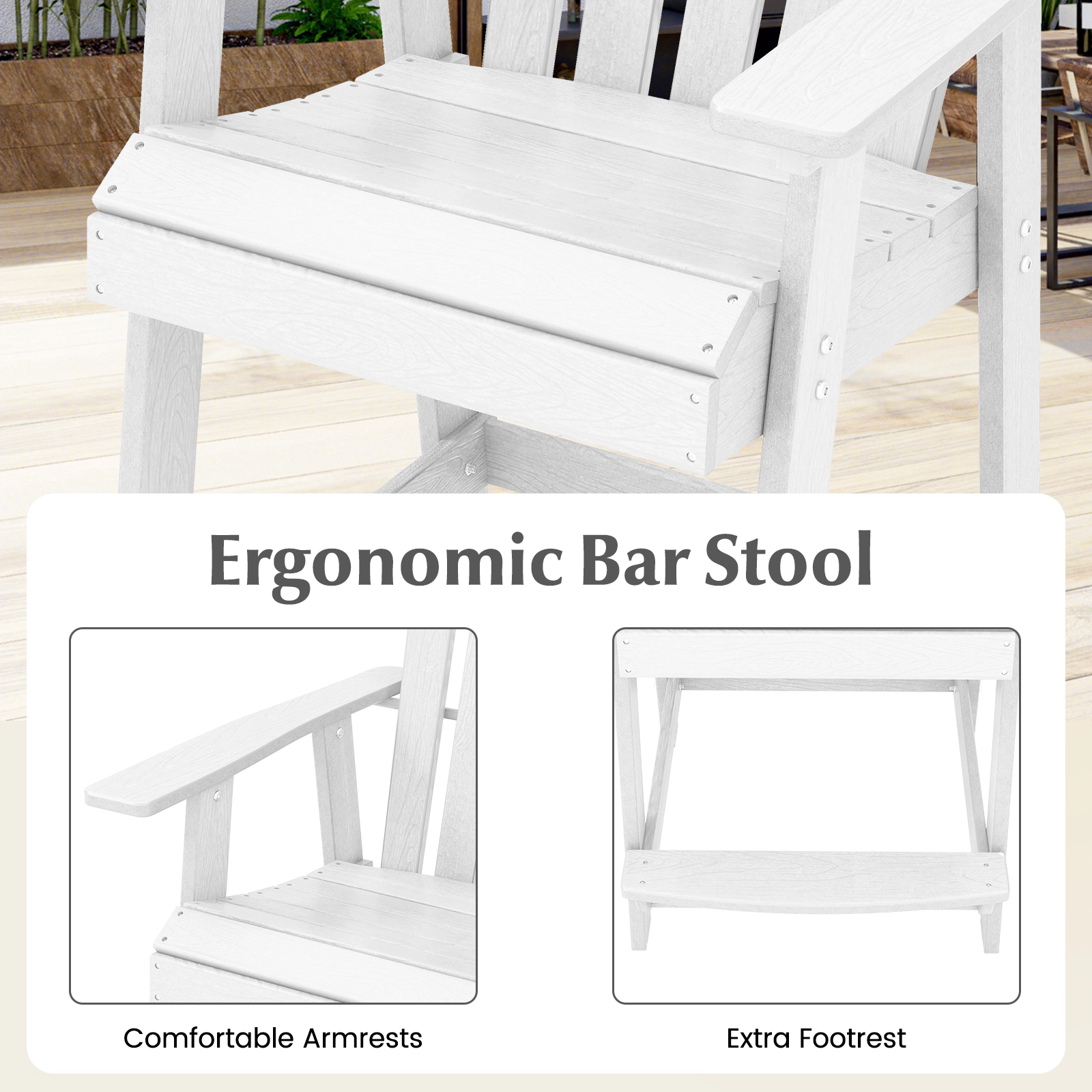 SUGIFT White Armrests and Footrest for Indoor Outdoor Use HDPE Patio Adirondack Chair
