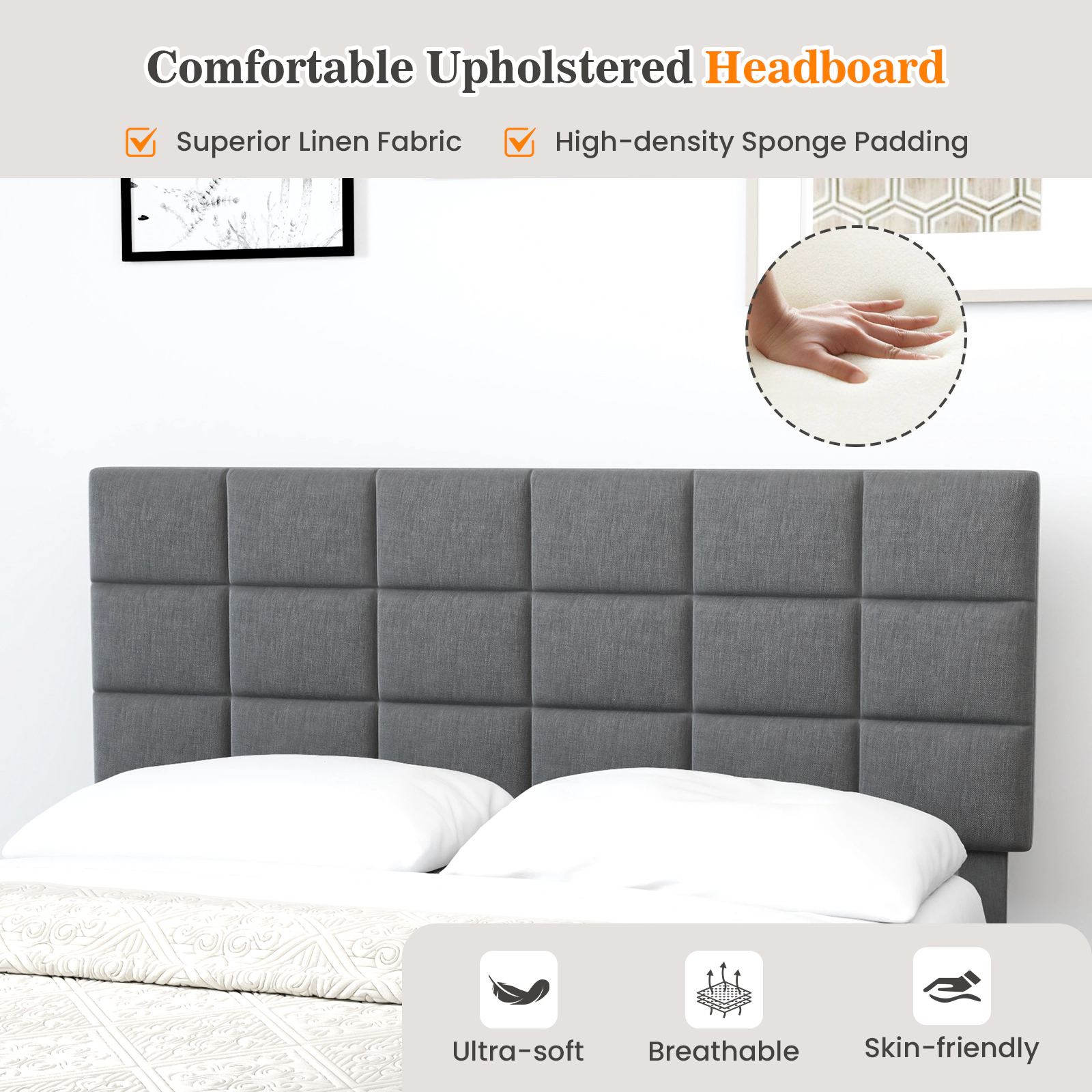 LJG Modern Linen Bed Frame with Adjustable Headboard