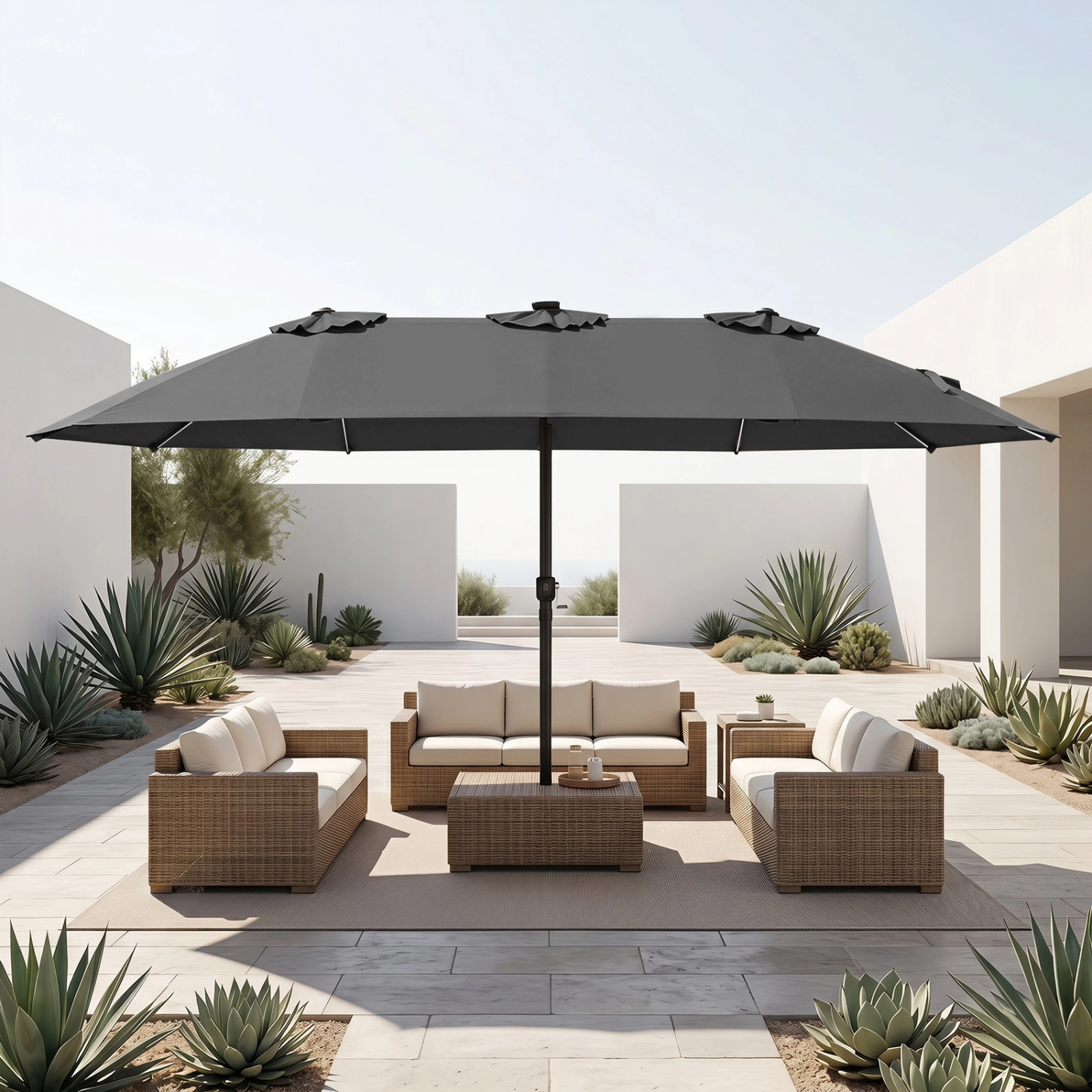 SUGIFT 15.5-ft Gray Rectangular Solar LED Patio Umbrella, 12 Reinforced Ribs, Crank Lift