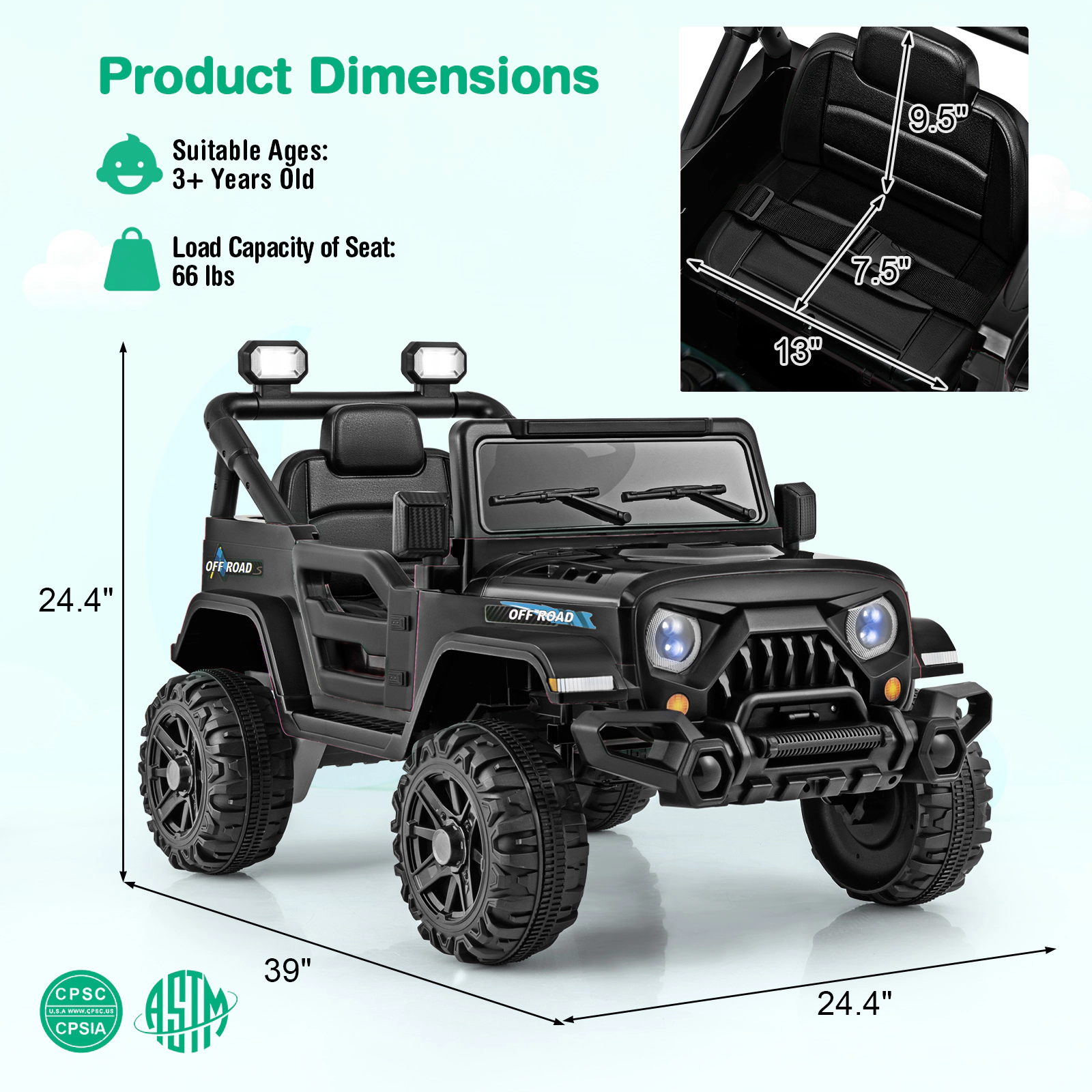 SUGIFT Remote Control Threaded Wheels and 3 Speed Settings 12V Kids Ride On Truck