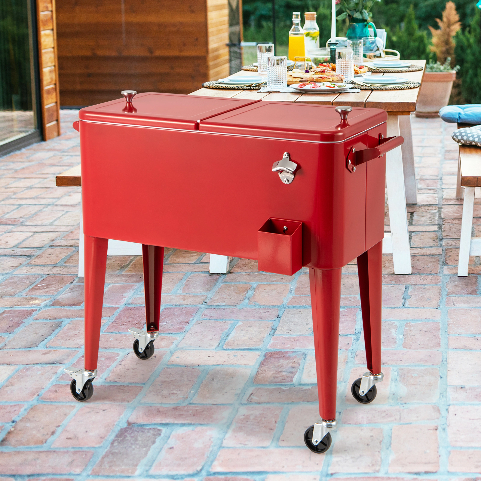 SUGIFT Insulated Rolling Outdoor Patio Cooler Cart 80-Quart 29.4-in Basin 72-Hour Cooling 35.8 x 18.3 x 33.5-in Red