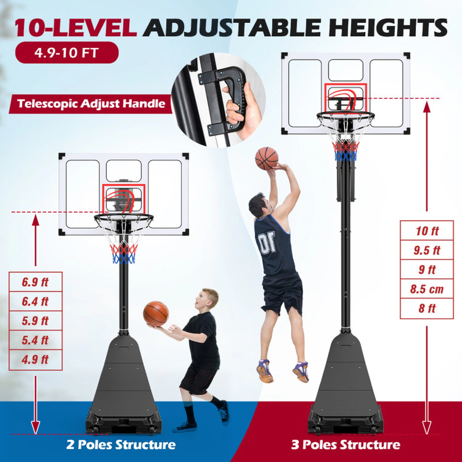 SUGIFT 4.9-10 ft Adjustable Basketball Hoop System with 43 x 27 in Backboard Fillable Base and Ball Storage Black