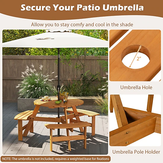 SUGIFT 6-Person Round Fir Wood Picnic Table Set with 3 Benches 220-lb Table 550-lb Benches 36-in Top Brown/Yellow