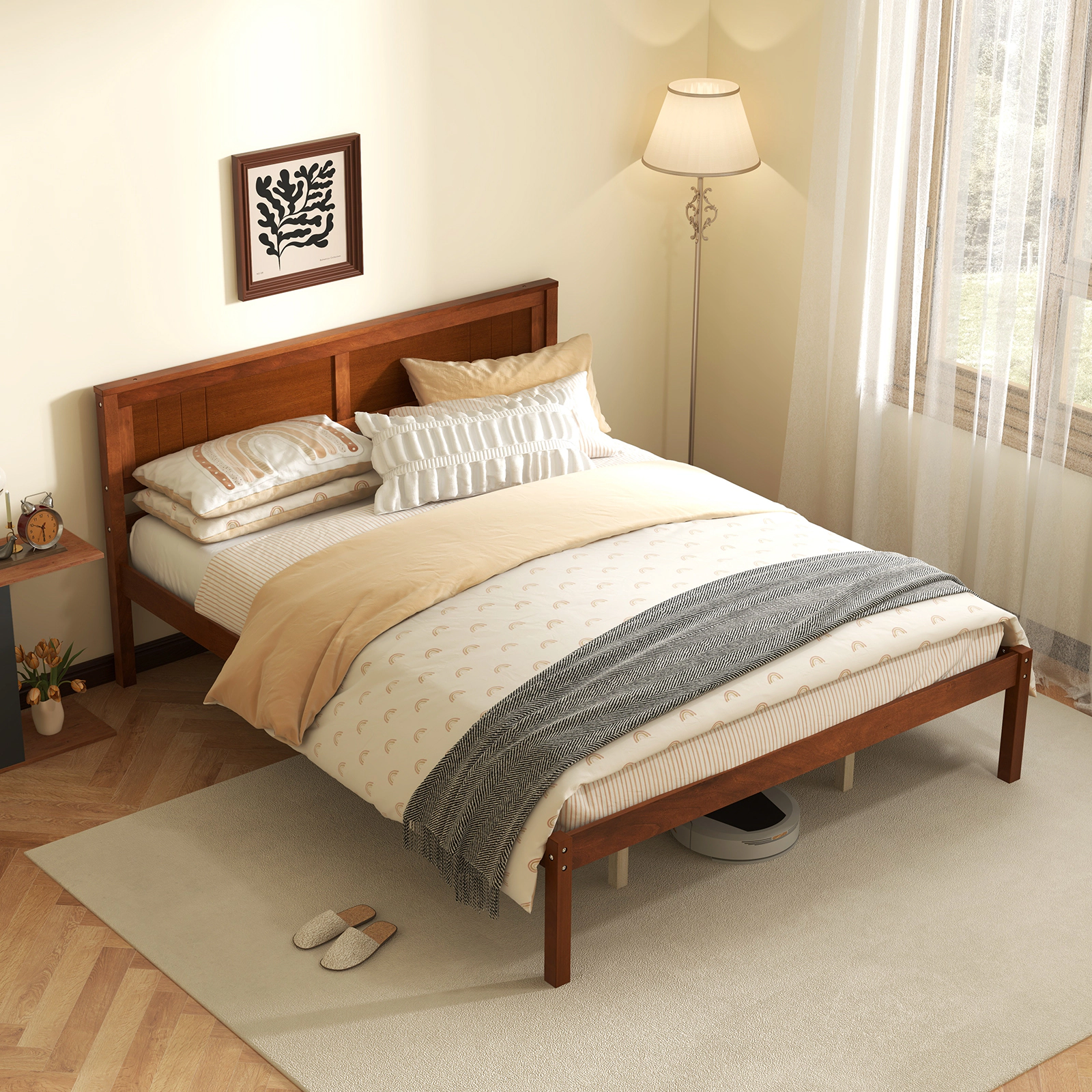 Queen Size Walnut Wood Bed Frame with Headboard and 16-in Footboard Low Profile Platform Bed with Center Support Legs