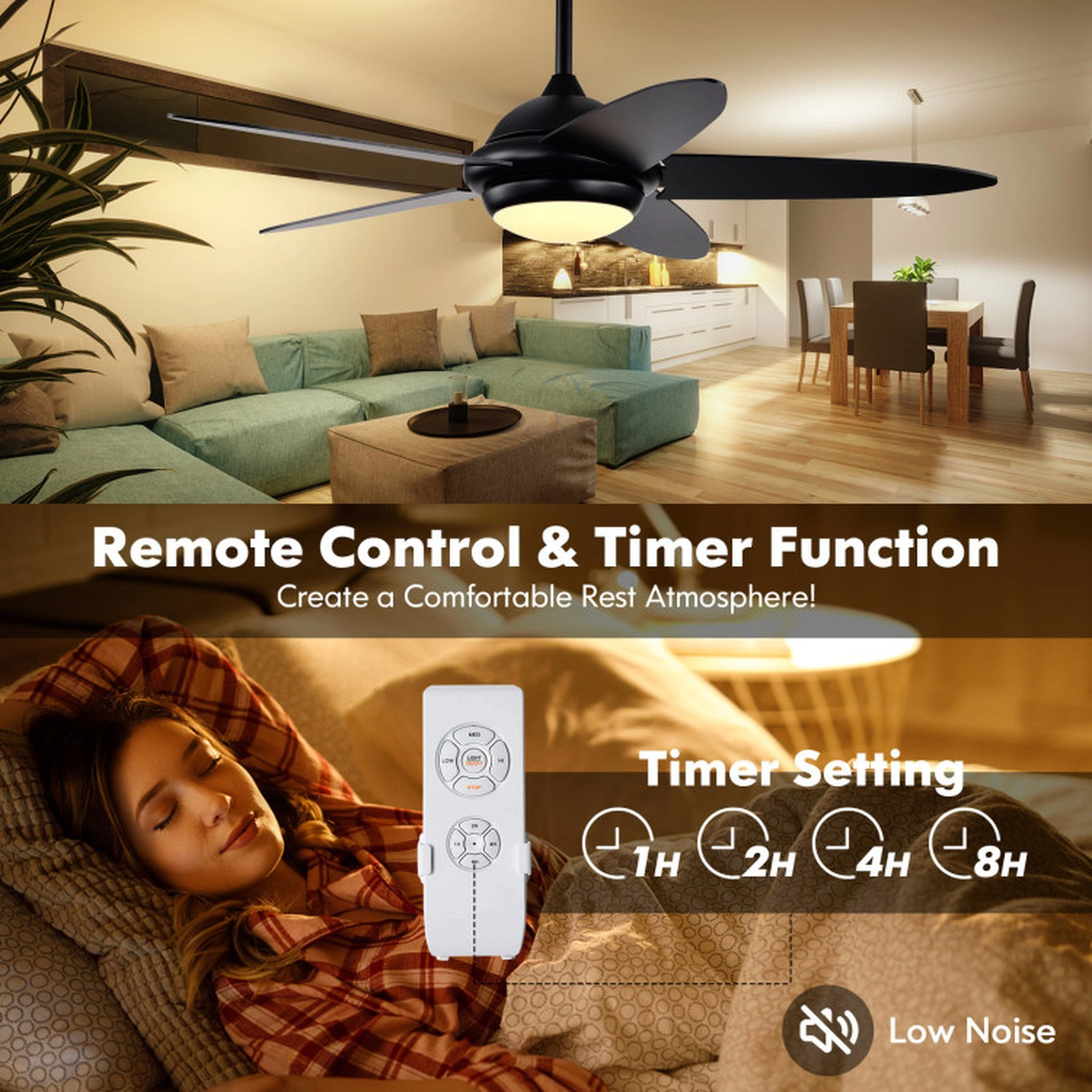 SUGIFT 52-in 3-Speed Reversible Ceiling Fan with LED Lights and 3 Lighting Colors 22W 5-Blade Black/Silver/White
