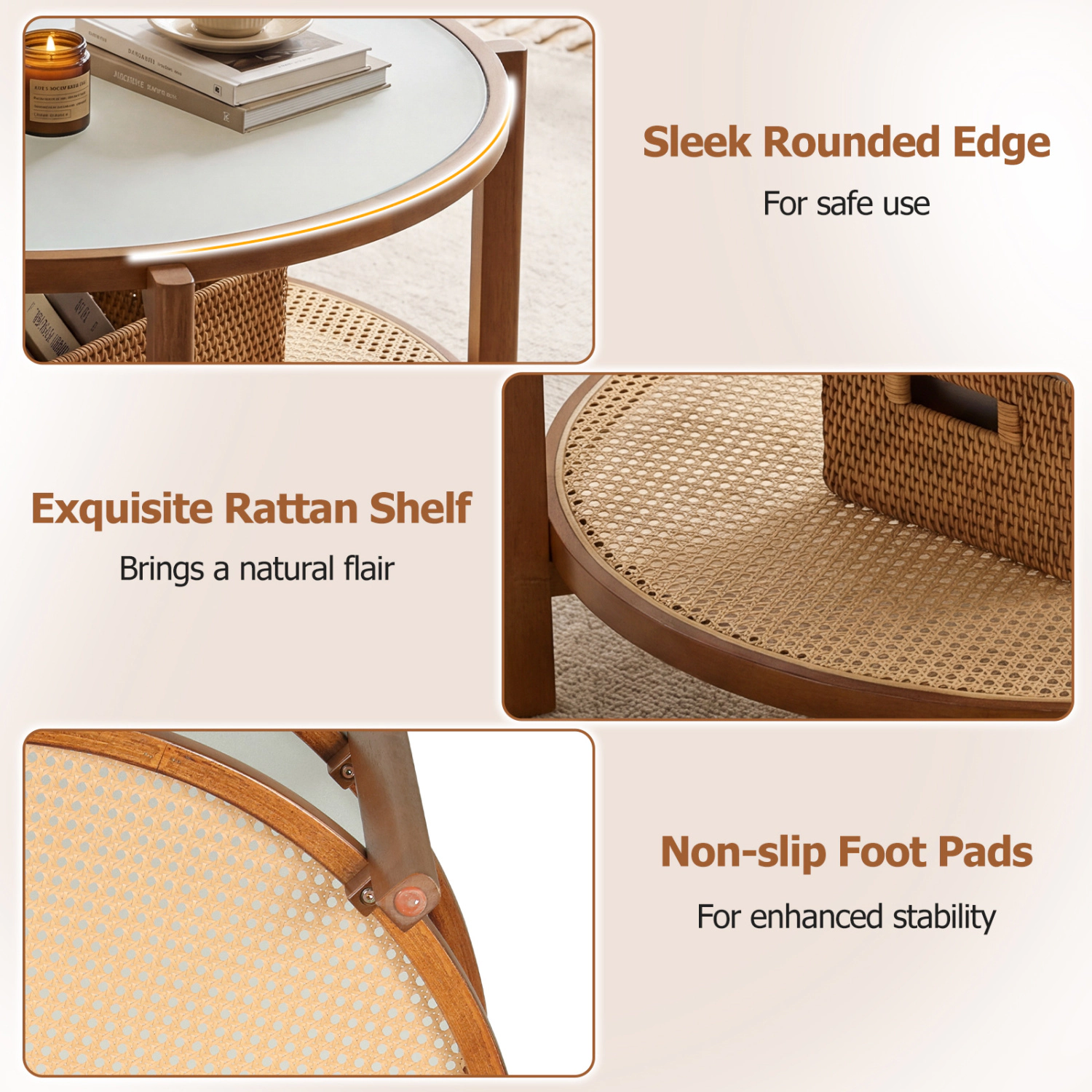 Glintex 2-Tier 35-Inch Round Coffee Table with Frosted Glass and Rattan, Walnut