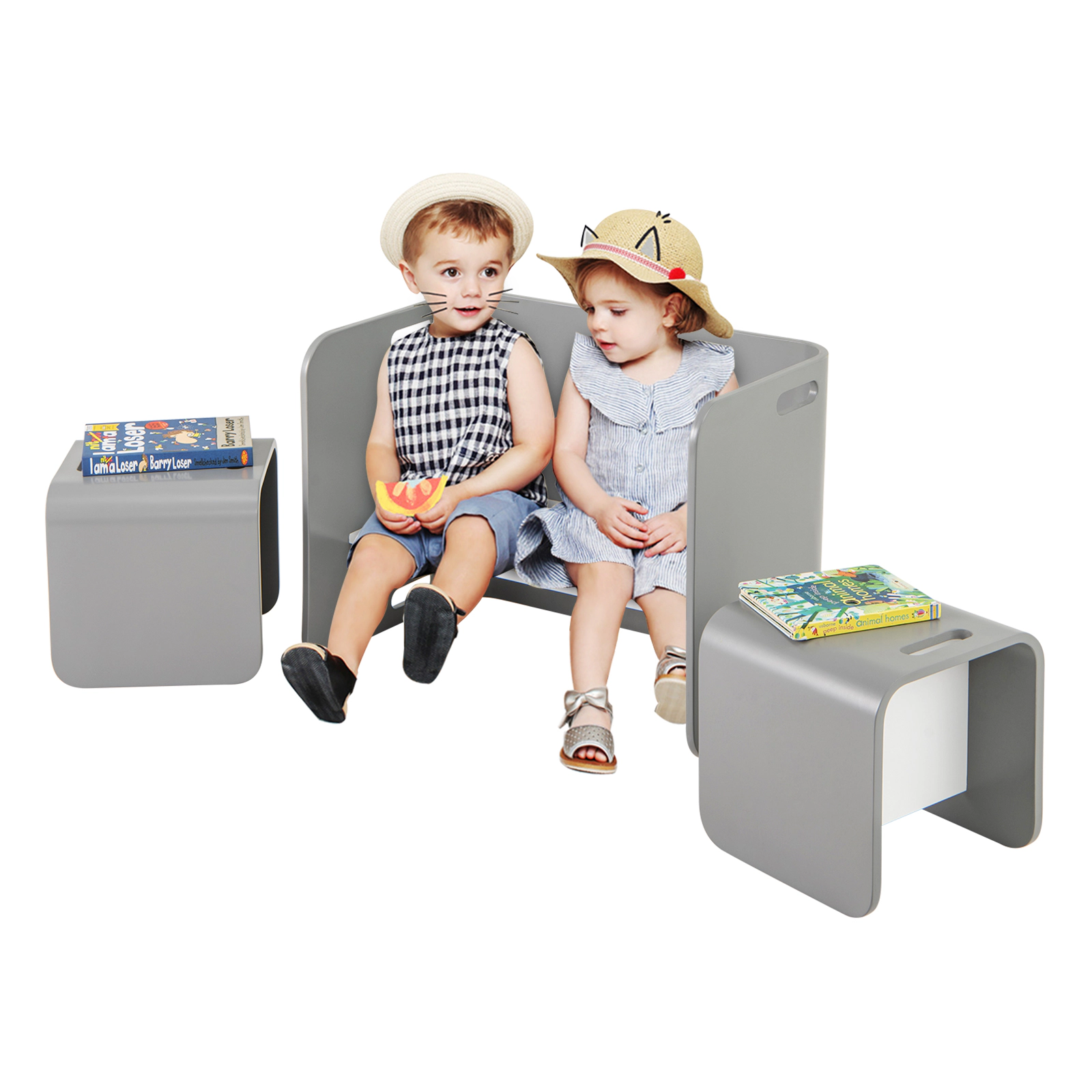 SUGIFT 3-Piece Kids Birchwood Table and Chair Set 220-lb Table 110-lb Chair Ages 2-9 Gray