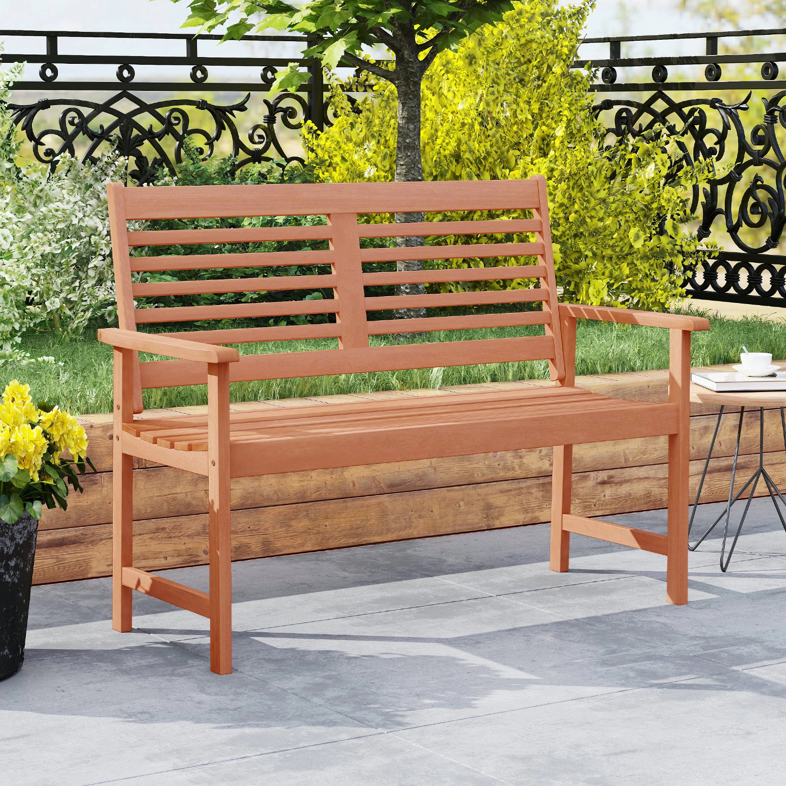 SUGIFT Patio Loveseat Outdoor 2-Seat Bench with Inclined Backrest and Slatted Seat 660-lb Capacity Teak