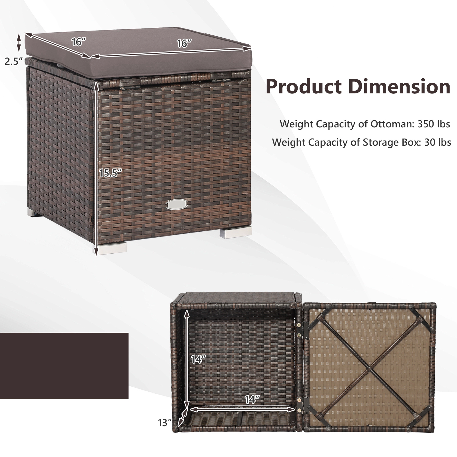 SUGIFT Set of 2 Brown 16-Inch Outdoor Wicker Storage Ottomans with Removable Cushions