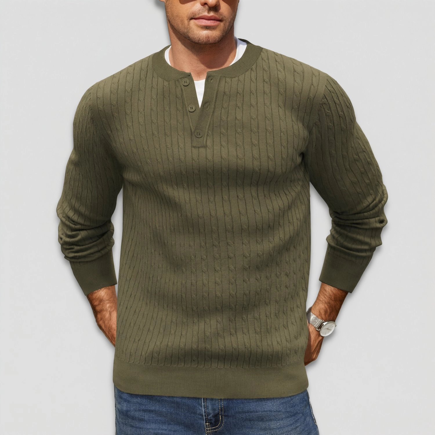 COOFANDY Mens Long Sleeve Henley Neck Sweater Fall Cable Knit Pullover Casual Tops