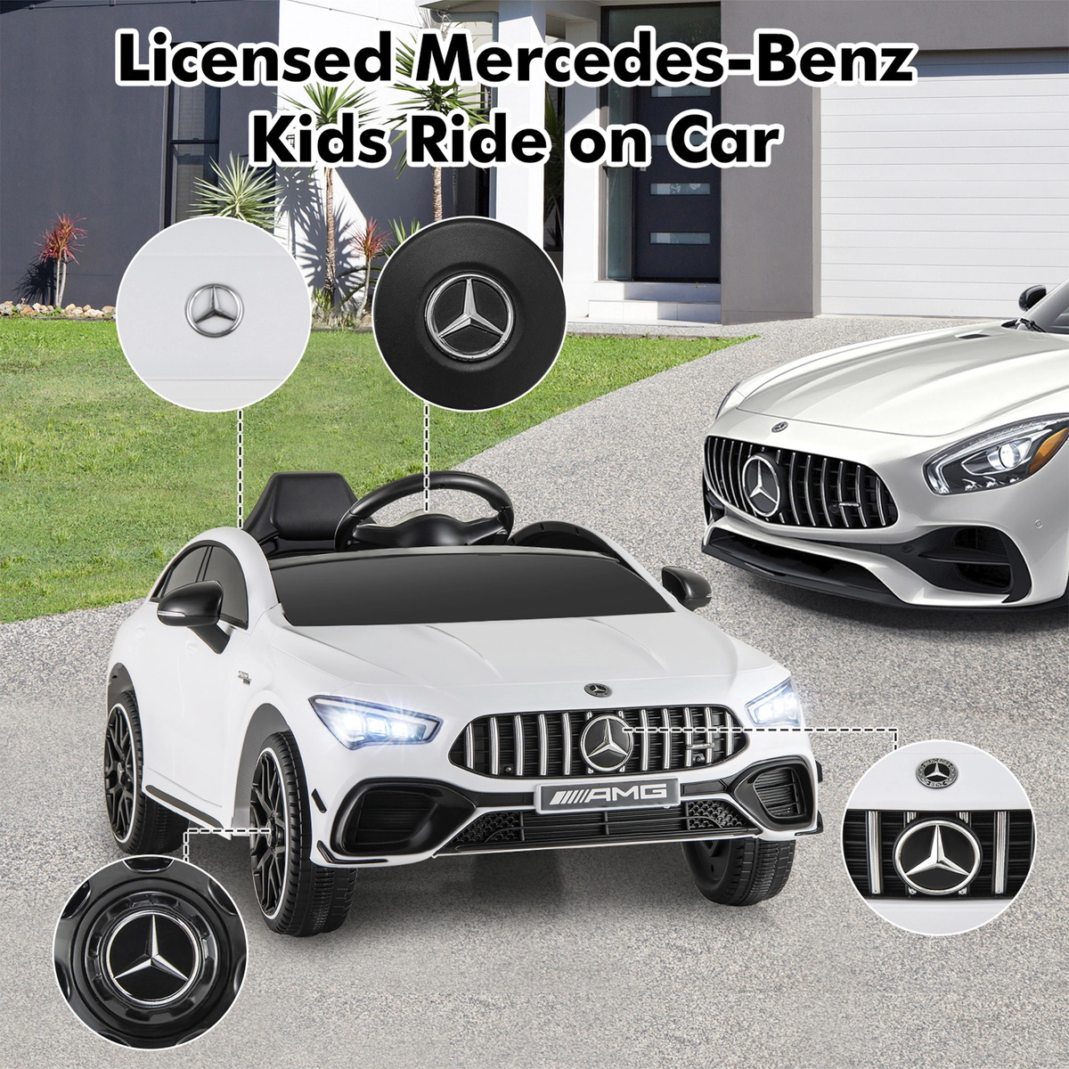 SUGIFT Kids White 12V Ride On Sports Car with Remote Control and LED Lights 43.3-in W 17.7-in H 66-lb Seat Capacity