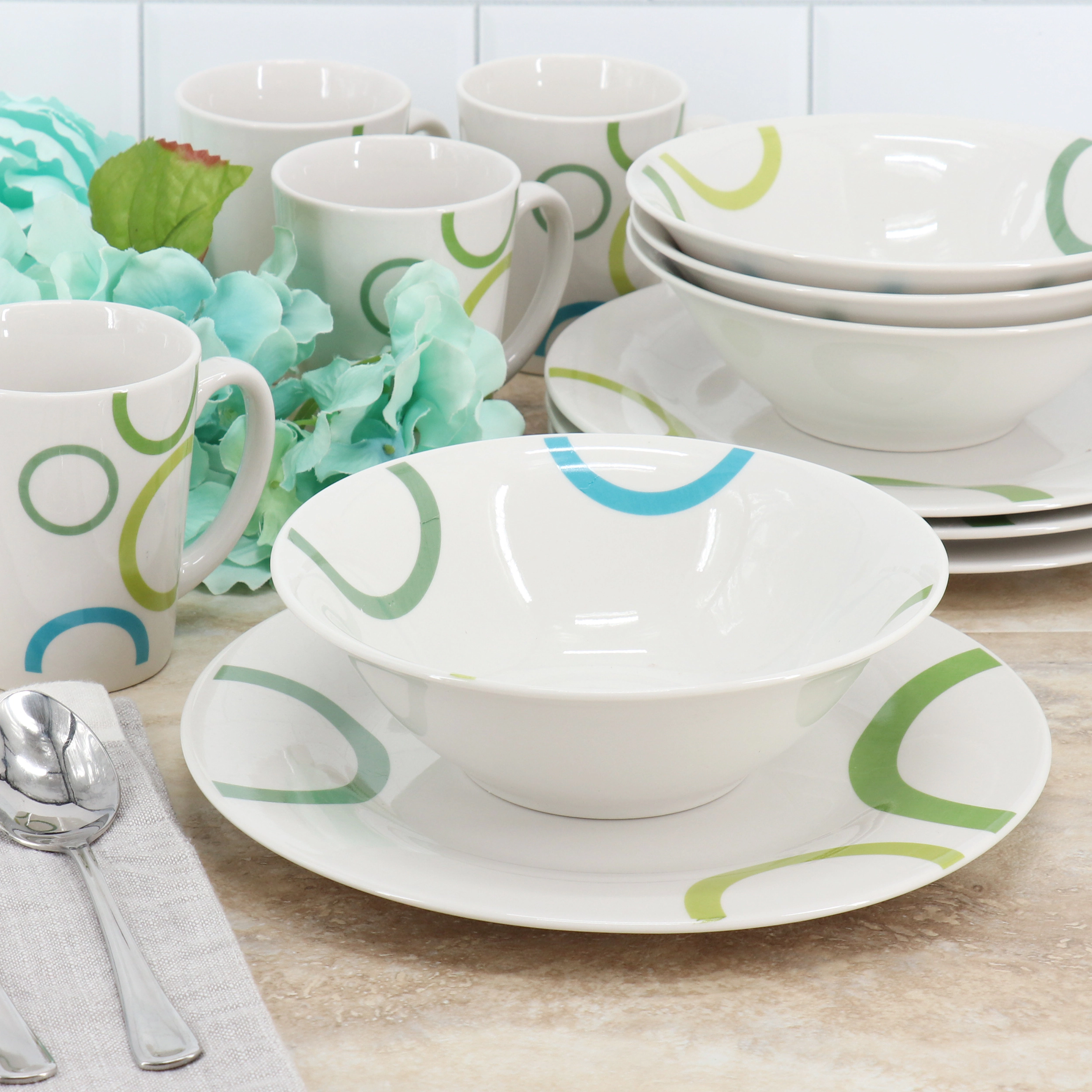 Gibson Home Green Loops 12 Piece Round Fine Ceramic Dinnerware Set in White