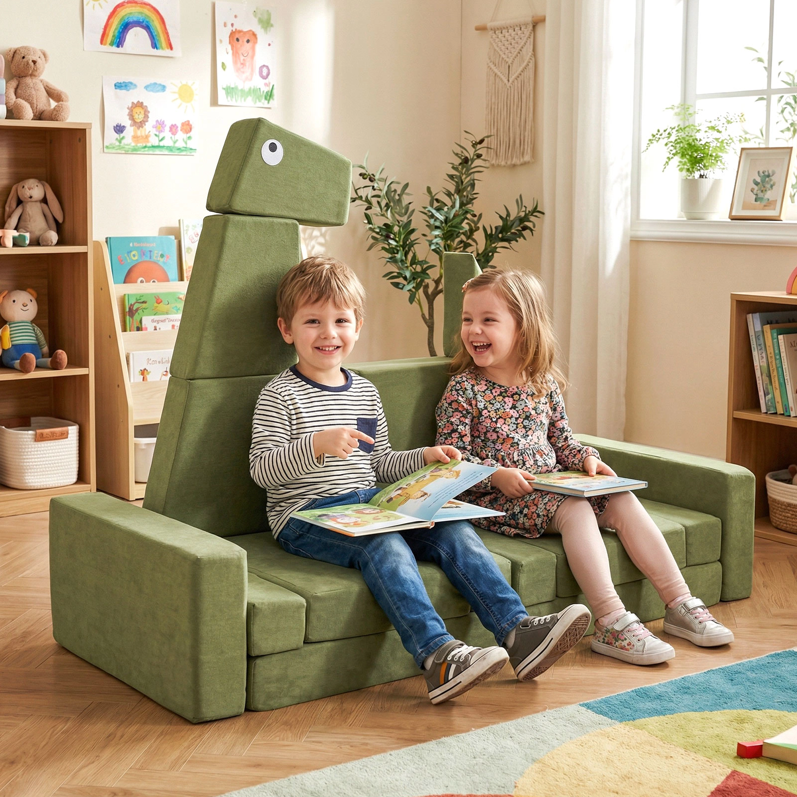 SUGIFT 13-Piece Modular Kids Play Couch with High-Density Foam 56-in Wide Ages 3+ Dinosaur Velvet Fabric