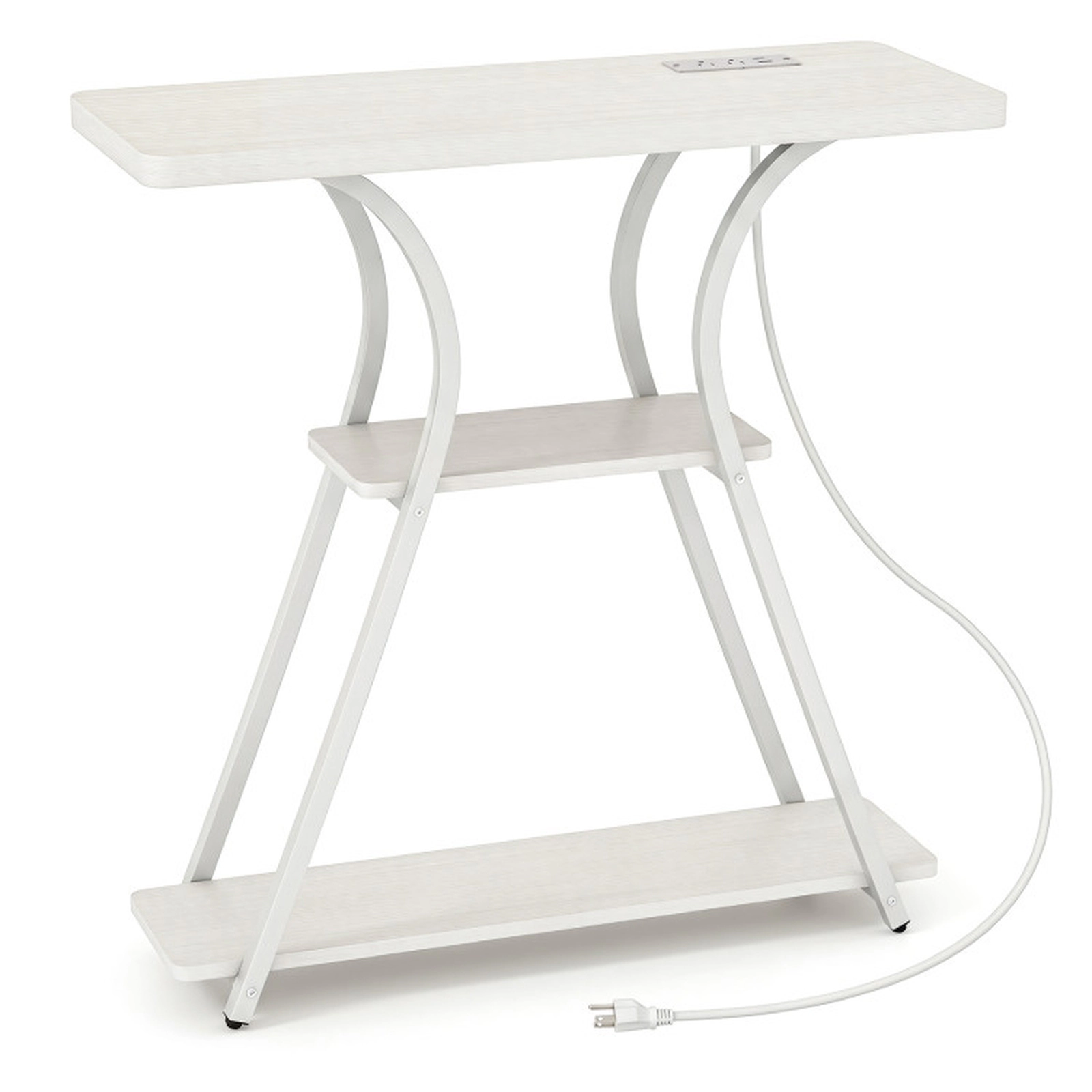 SUGIFT 3-Tier LED Lights 2 AC Outlets USB Type-C White Frame Console Table 32-in x 12-in x 32-in 88-lb Capacity Oak