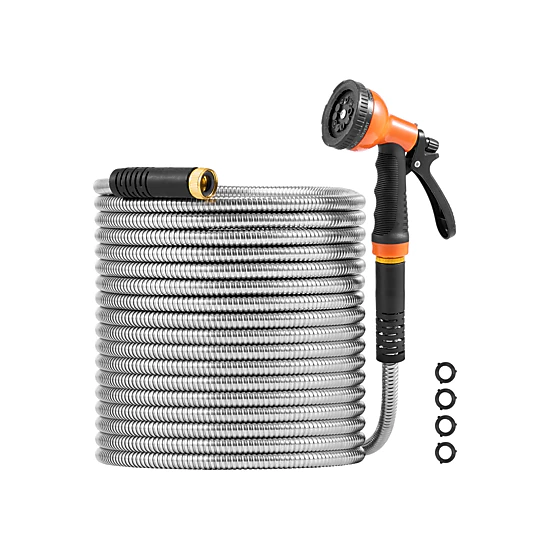 HONGGE 50 ft Stainless Steel Garden Hose, Rust-Proof Lightweight Metal Hose with 10-Function Spray Nozzle