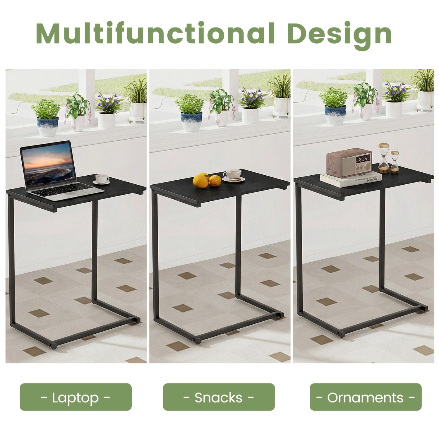 Glintex Slim C-Shaped Snack End Table with Wood Grain Top and Metal Frame, Black