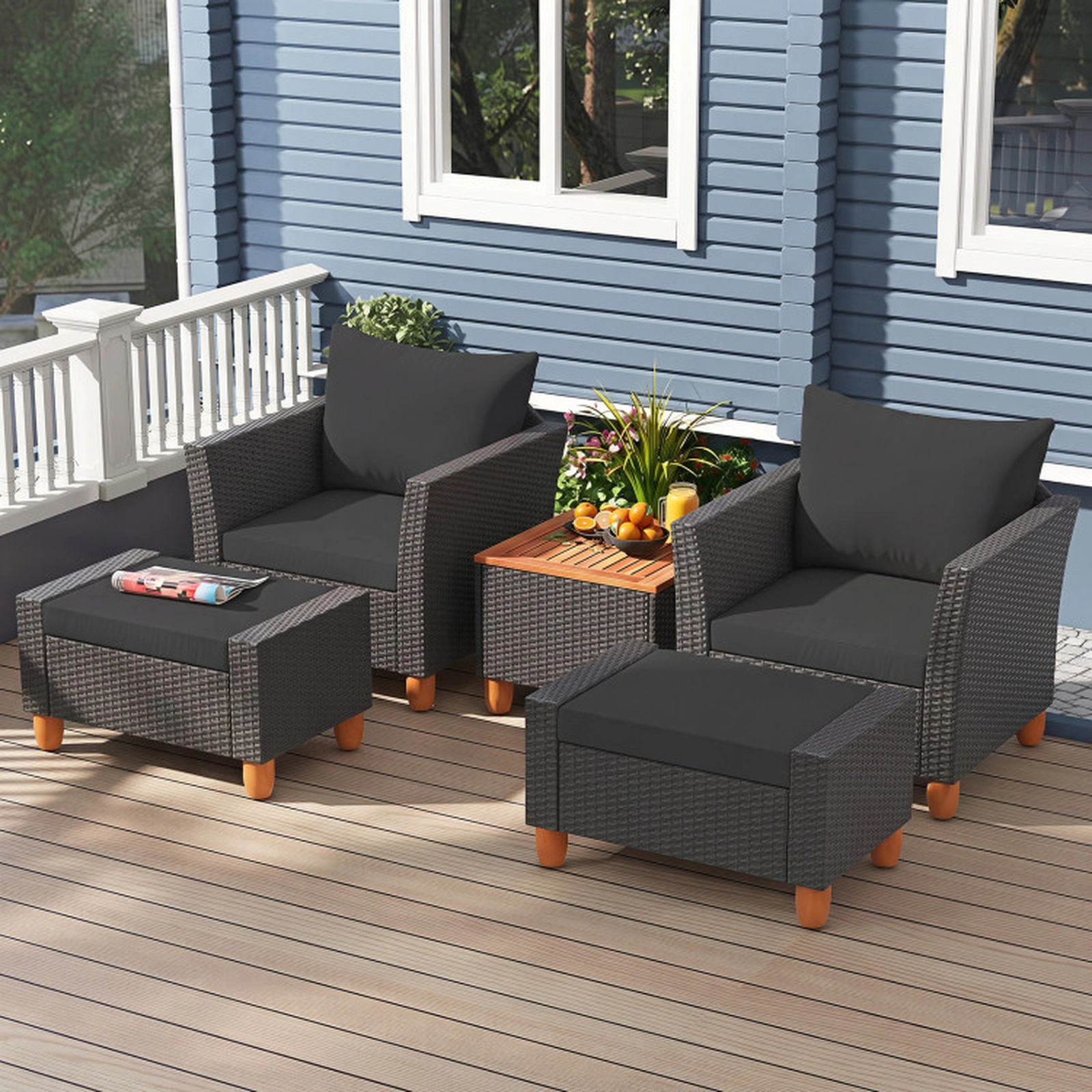 SUGIFT 5-Piece Black Patio Rattan Sofa Set with Storage Table and 2 Ottomans 15.5-in Seat H 400-lb Chair Capacity