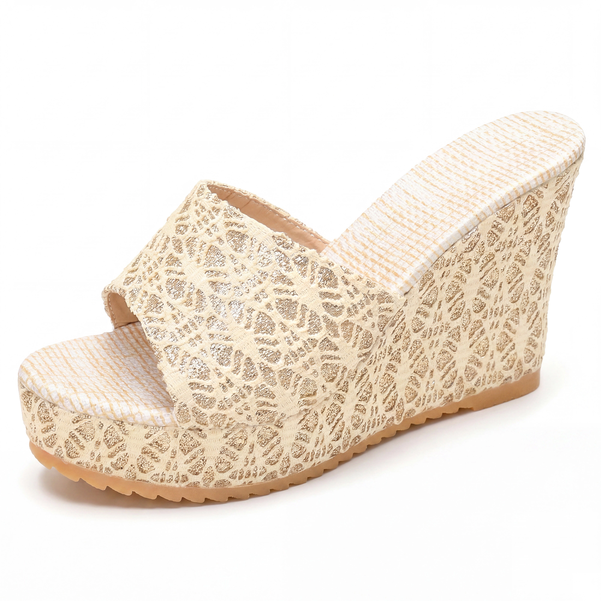 BLISSFUL STEP Women's Breathable Embroidered Wedge Platform Peep-toe Slip Sandals