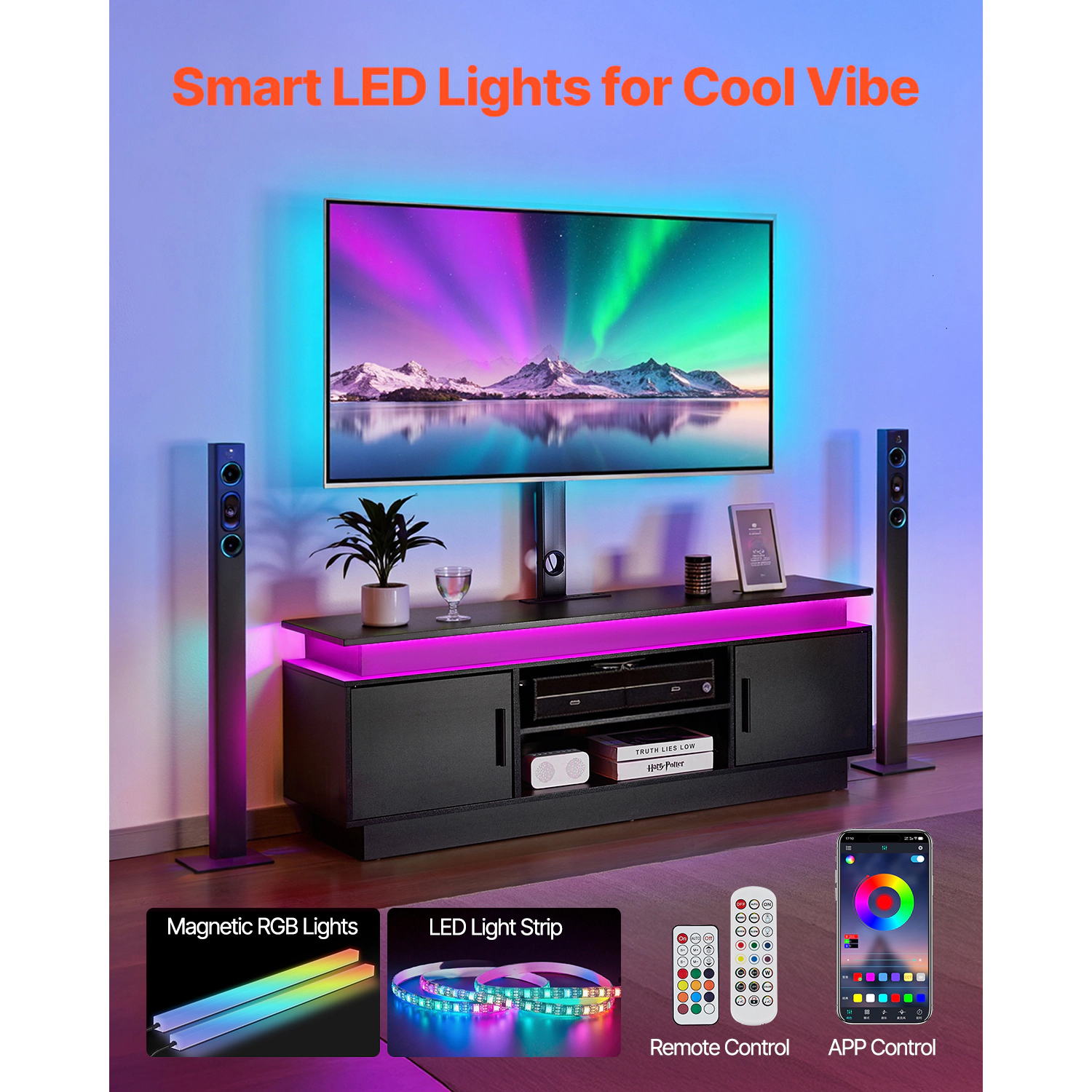 HONGGE TV Stand with Mount for up to 75 in TVs Entertainment Center with Power Outlet & LED Lights Height Adjustable TV